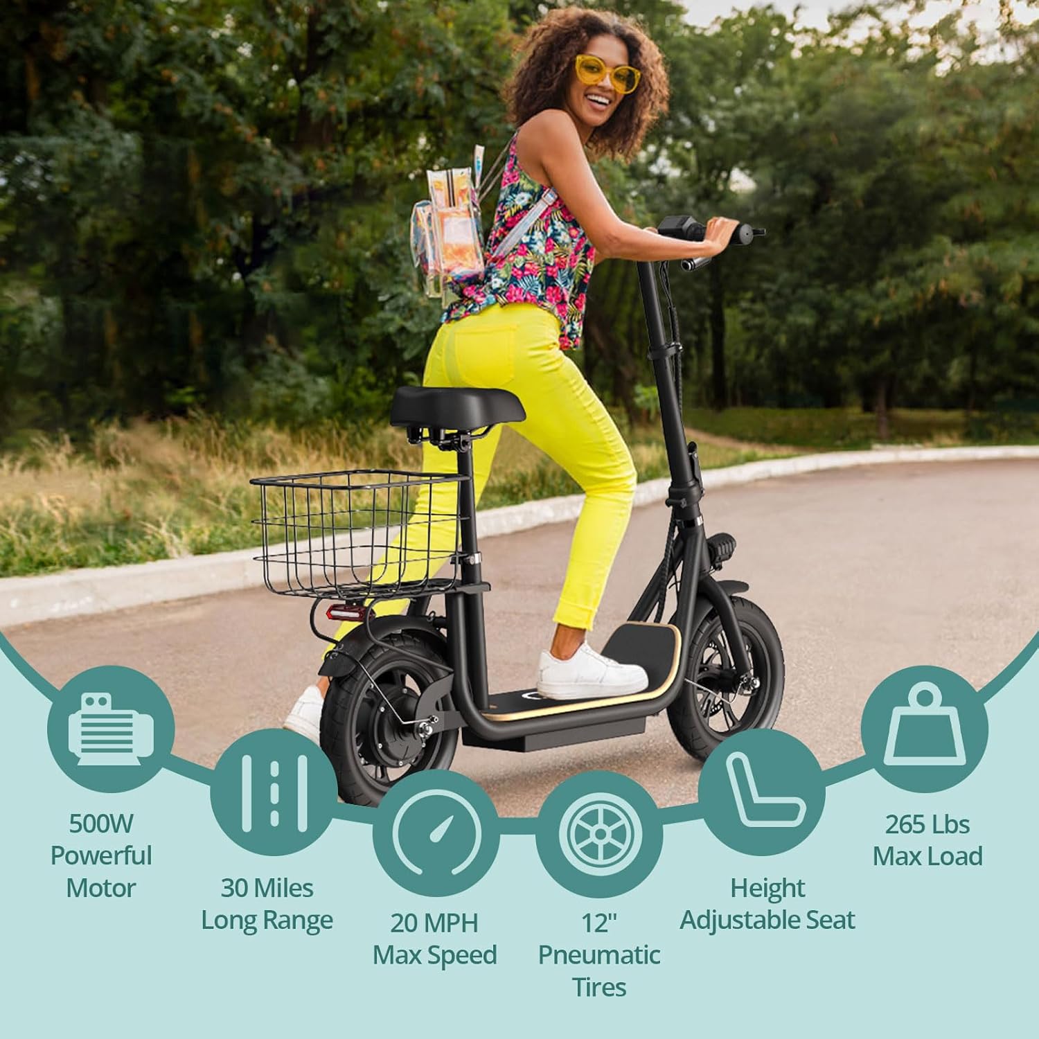 Electric Scooter for Adults, Foldable Commuter Scooter with Adjustable Seat, 500W Brushless Motor, 20MPH & 30 Miles Range, 12