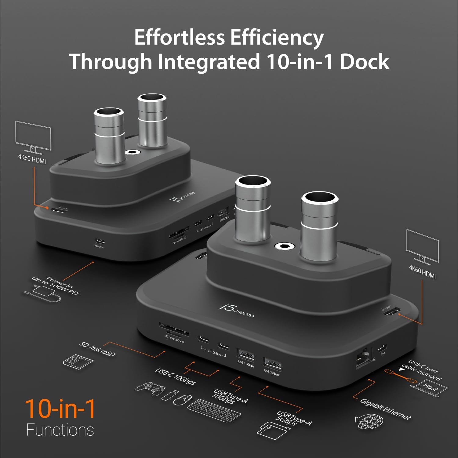 j5create Dual Monitor Mount with 10-in-1 Docking Station, Fully Adjustable Monitor Desk Stand for 2 Screens up to 32 inch, Conveniently Set Optimal Angle and Maximize Productivity (JTSA302)