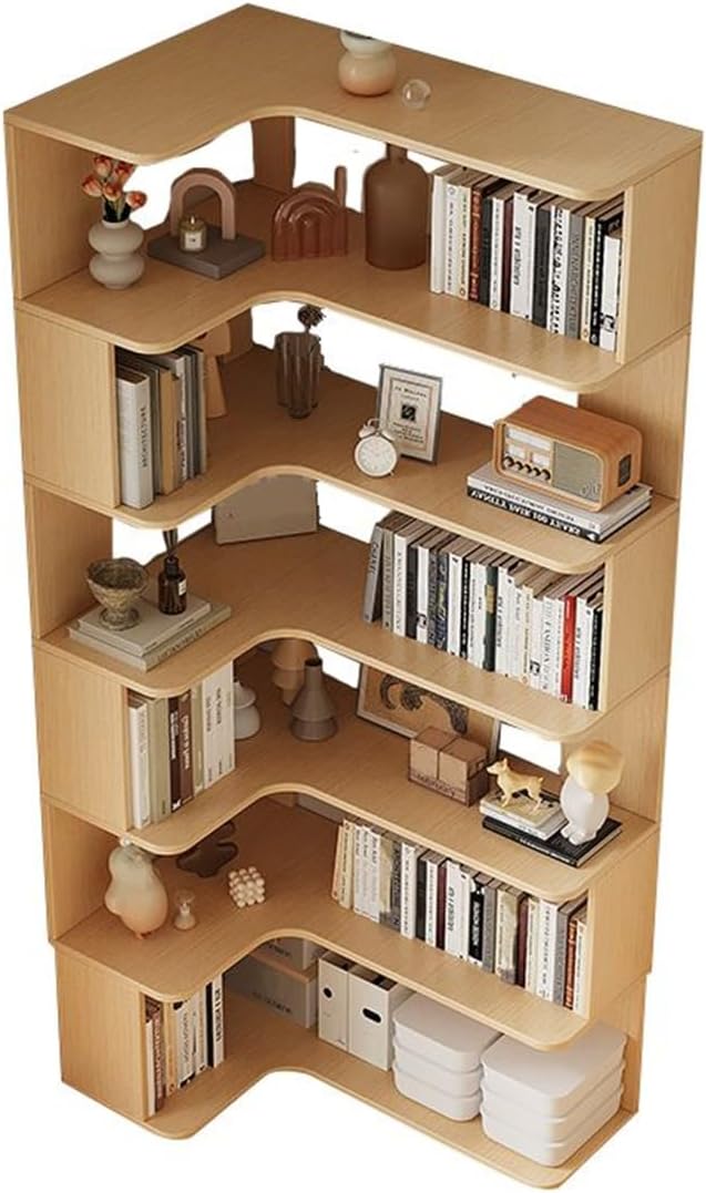 KWOKING Vertical Wall Corner Shelf with Open Back 7-Shelf Wood Corner Bookshelf Floor Book Rack Multi-Layer Storage Shelf Against The Wall Bookcase Natural 35