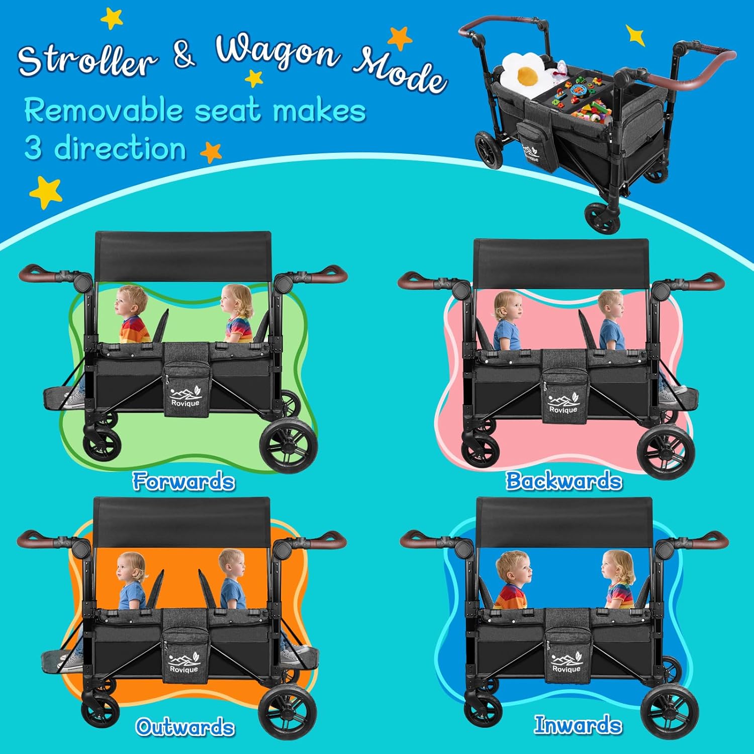Wagon Stroller for 2 Kids, All-Terrain Stroller Wagon with Extra Long Extender, Aluminum Foldable Baby Wagon with Convertible Seats, Removable Canopy, Snack Tray, Adjustable Push/Pull Handle