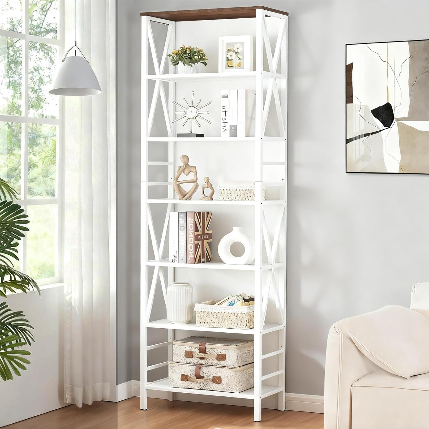 HOMISSUE Bookshelf, 7-Tier Bookshelf, Rustic Wood Metal Bookshelves and Bookcases, Freestanding Open Bookshelf, Industrial Tall Bookcase for Home Office, Living Room and Bedroom, White