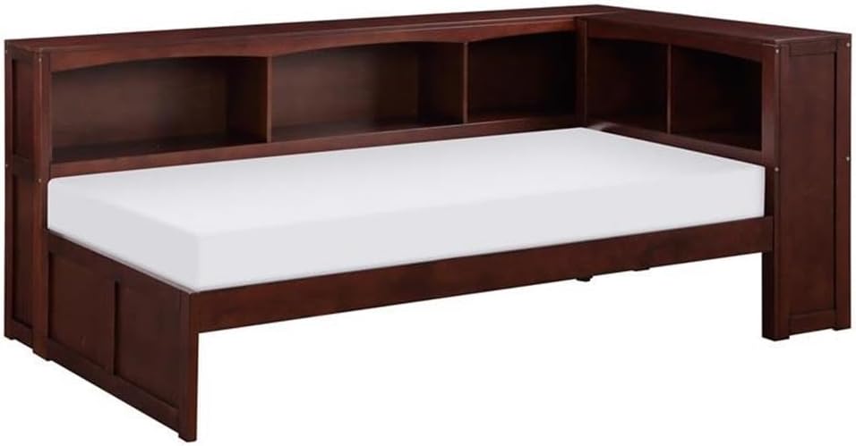 Pemberly Row 5-Shelf Transitional Wood Twin Bookcase Corner Bed in Dark Cherry