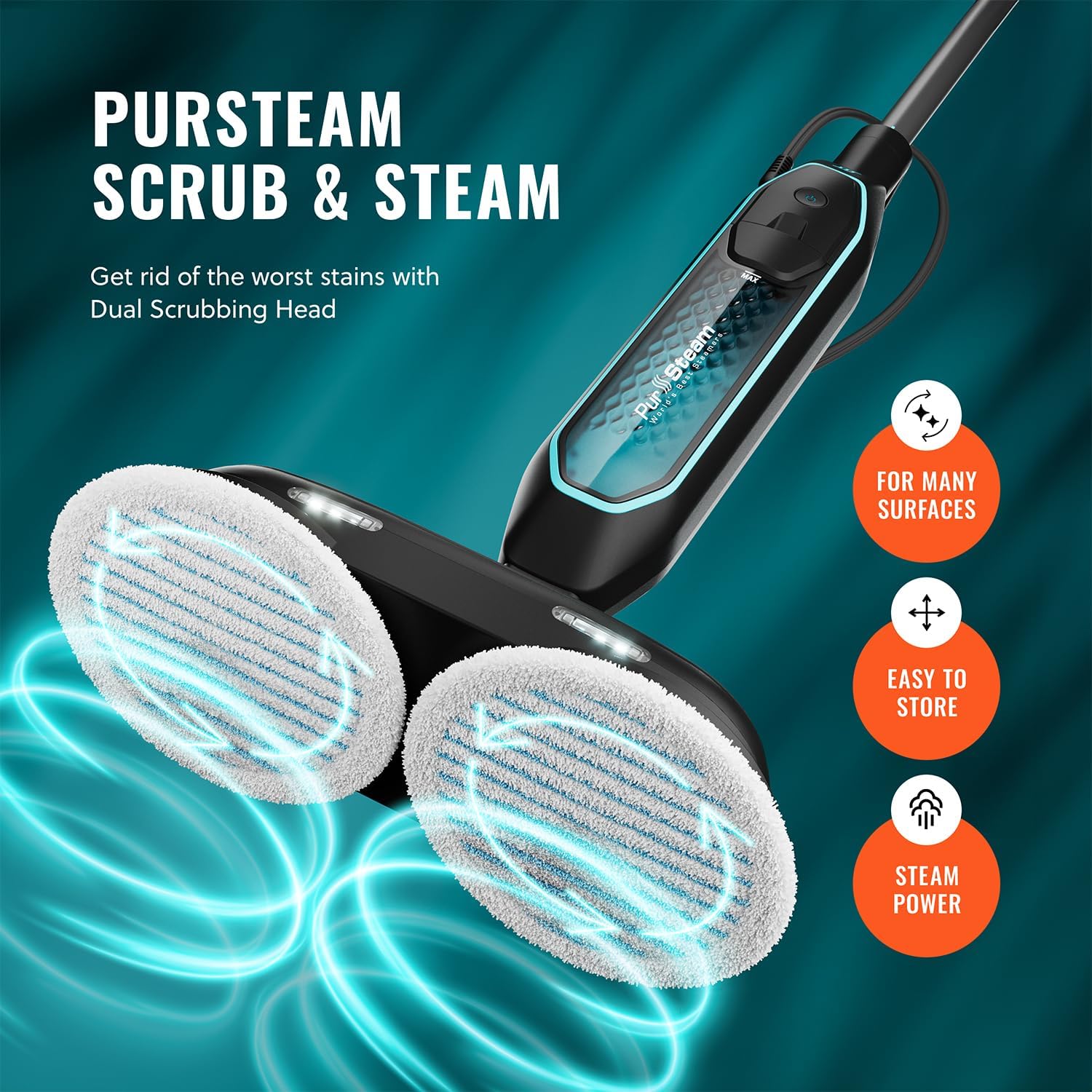 Pursteam ScrubMaster Steam Mop with Dual Scrubbing Head, LED Headlights, Adjustable Steam Control, Anti-Slip Swivel Head, Cable Holder & Upright Lock