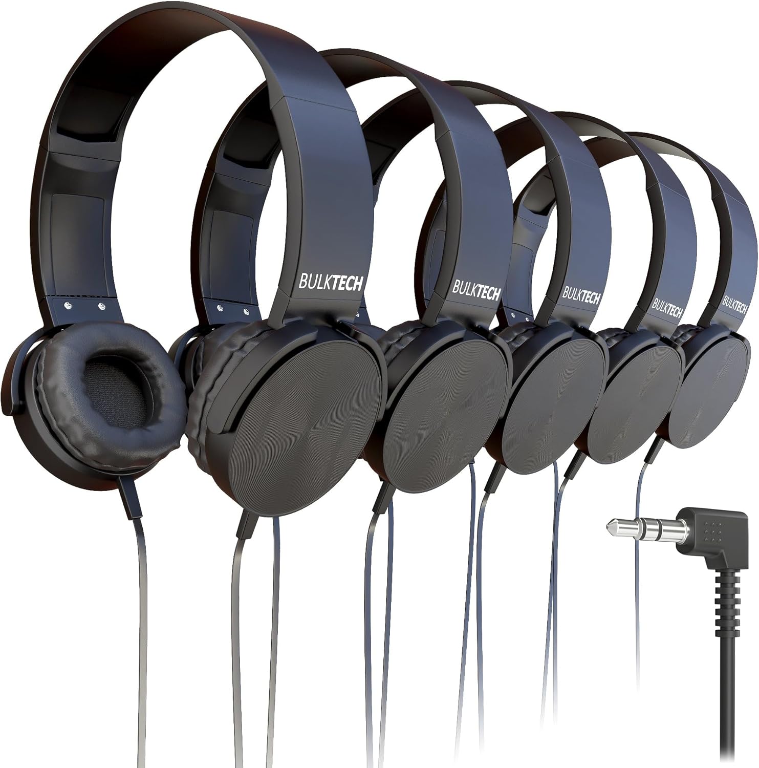 100 Pack Bulk Wired On-Ear Leather Headphones with 3.5mm Connector, Round Metal Housing, Black