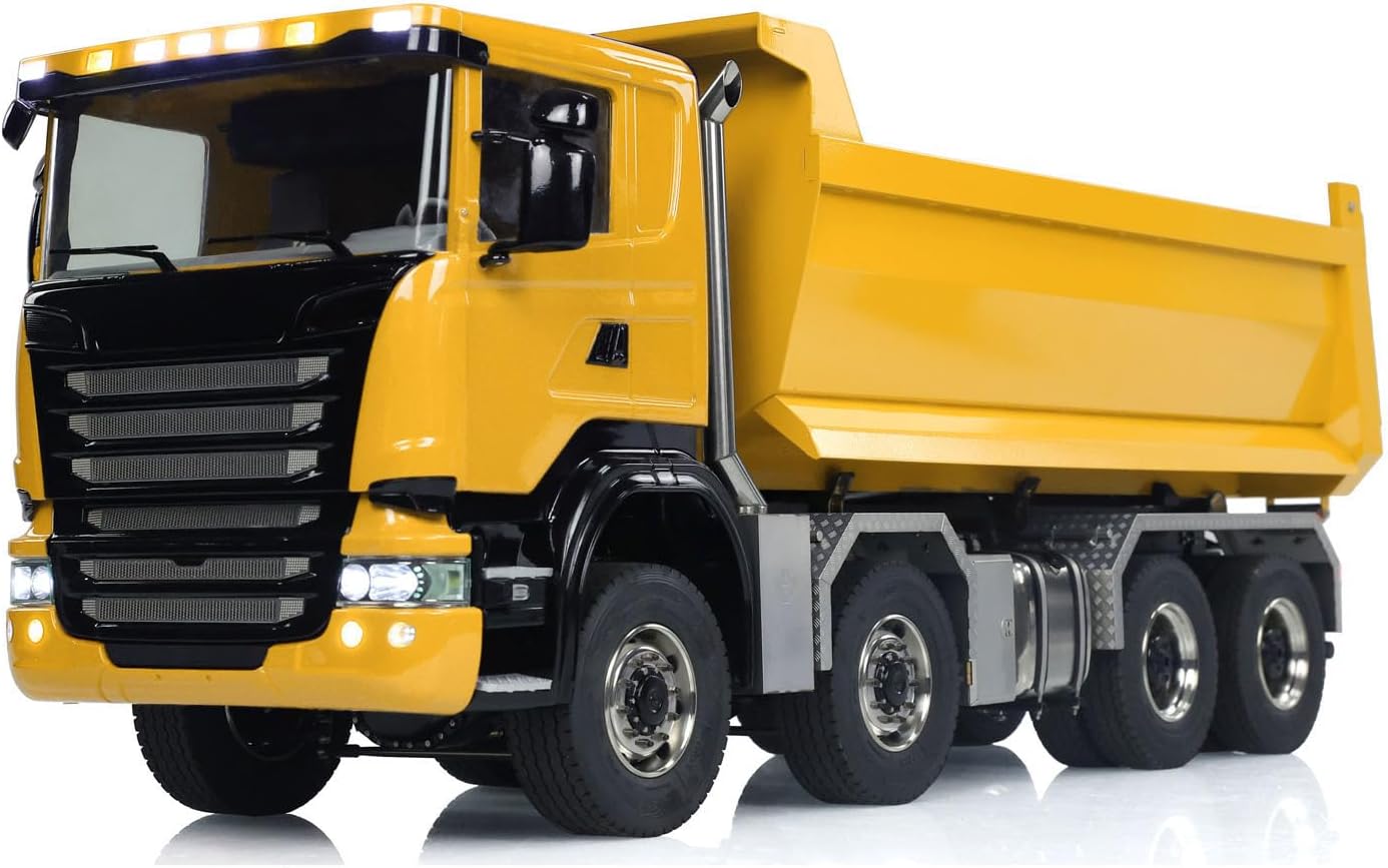 1/14 8x8 RC Hydraulic Full Dump Truck Roll-Off Dumper Car Differential Lock Axles Remote Controller and Receiver for Adult Hobby(Yellow)