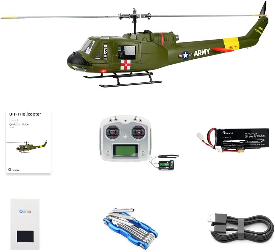 FLYWING UH1 RC Scale Helicopter with ACE Flight Control LED Light Two Blade GPS Metal Rotor 450 6ch RC Helicopters Iroquois 450L UH1 V4 Huey Helicopters RTF-Helicopter (Green)