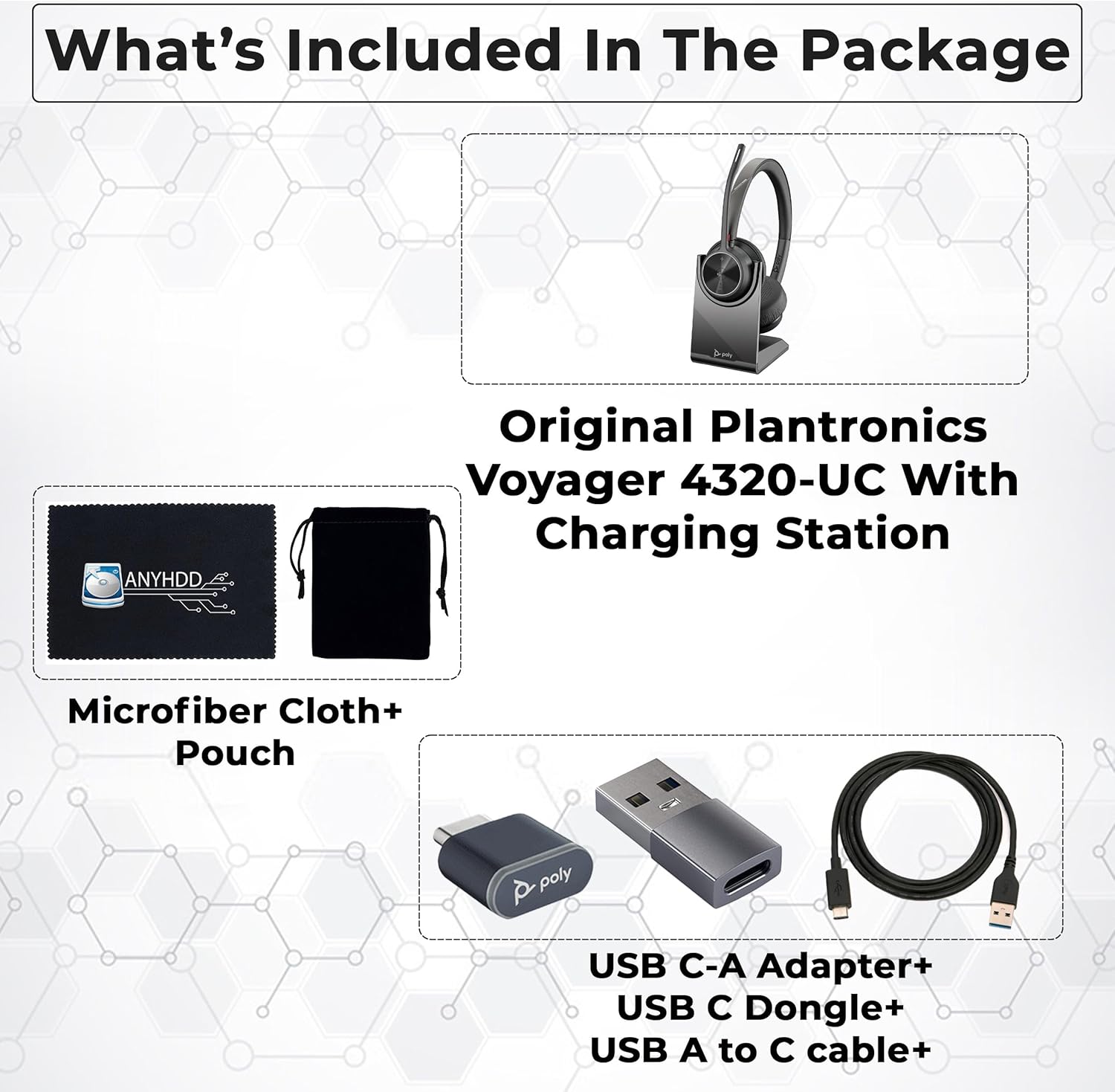 Poly Voyager 4320 UC Wireless Headset & Charge Stand - Stereo Headphones with Noise-Canceling Boom Mic + Charging Station + USB-C to A Adapter + USB C Dongle + USB A-C Cable + Pouch + Microfiber Cloth