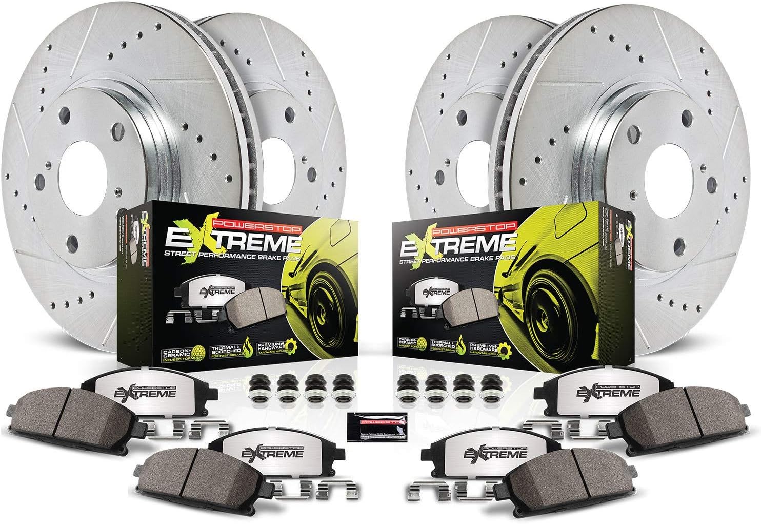 Power Stop K6513-26 Front and Rear Z26 Carbon Fiber Brake Pads with Drilled and Slotted Brake Rotors Brake Kit For Lexus GS350 GS450h IS300 IS350 RC300 RC350