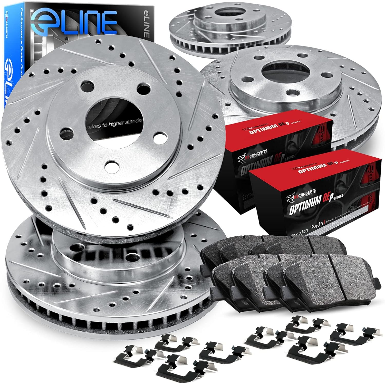 R1 Concepts Front and Rear Brake Kit For 2016-2020 Lexus GS, 2015-2021 Lexus RC F| Drilled Slotted Brake Rotors| Optimum OEP Brake Pads and Rotors Kit
