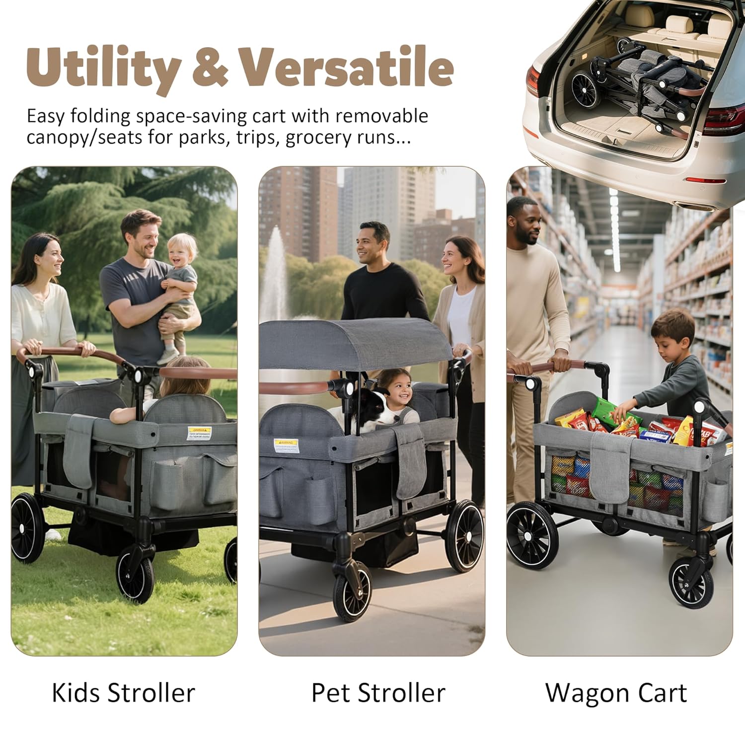 Wagon Stroller for 2 Kids, Foldable Kids Wagon Cart Featuring with Harnesses, Adjustable Double Push Handle, Removable Canopy, Snack Tray, Large Storage Bag, Gray