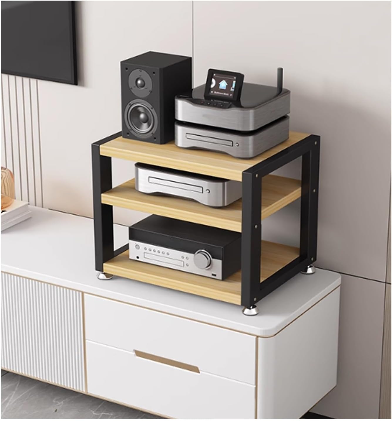 BYRTJSWX Movable Media Stand with Wooden Shelf Portable Desktop Stereo Rack for Video