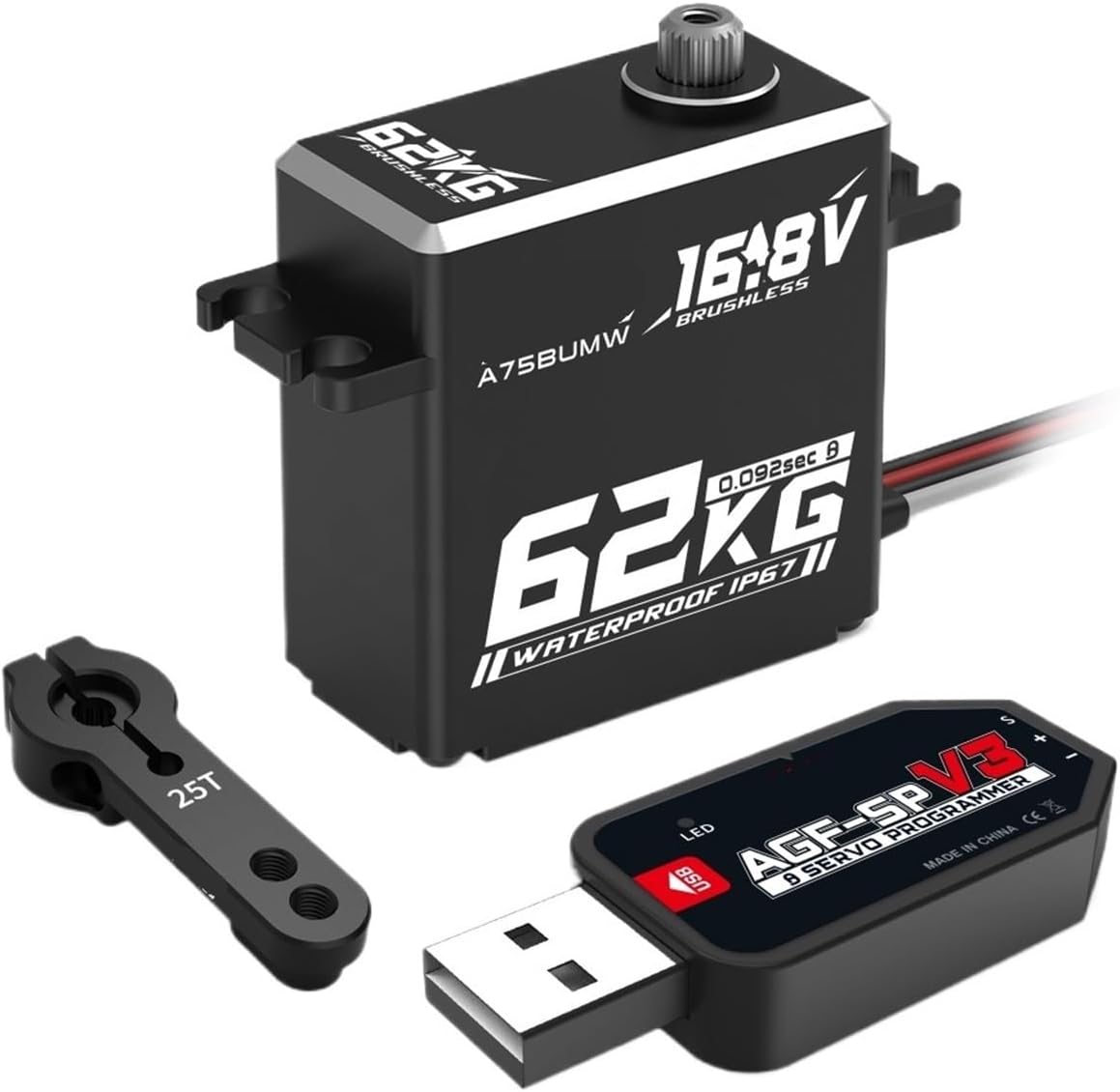 62KG Super Torque A75BU 4S 16.8V High Voltage Programmable Waterproof Brushless Remote Control Servo Suitable for 1/8 1/10(A75BUMW 62kg Set)