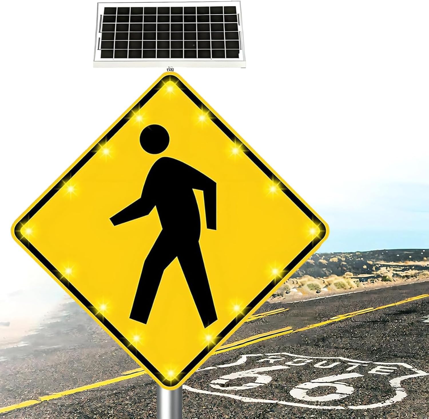Solar Powered Pedestrian Crossing Sign LED Flashing Pedestrian Sign, Aluminum Pedestrians Road Warning Signs Traffic, Heavy Duty Rust-Proof Metal Frame, For School Urban/Road Commu