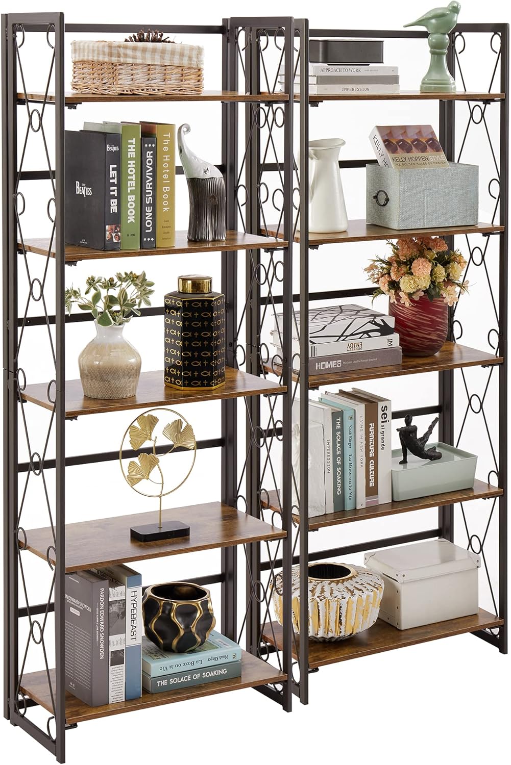VECELO Folding Bookshelf 5-Tier,Industrial Metal Frame & Wood Shelves,Foldable Bookcase Easy Assembly Free Standing Tall Storage Organizer for Living Room,Office,Bedroom