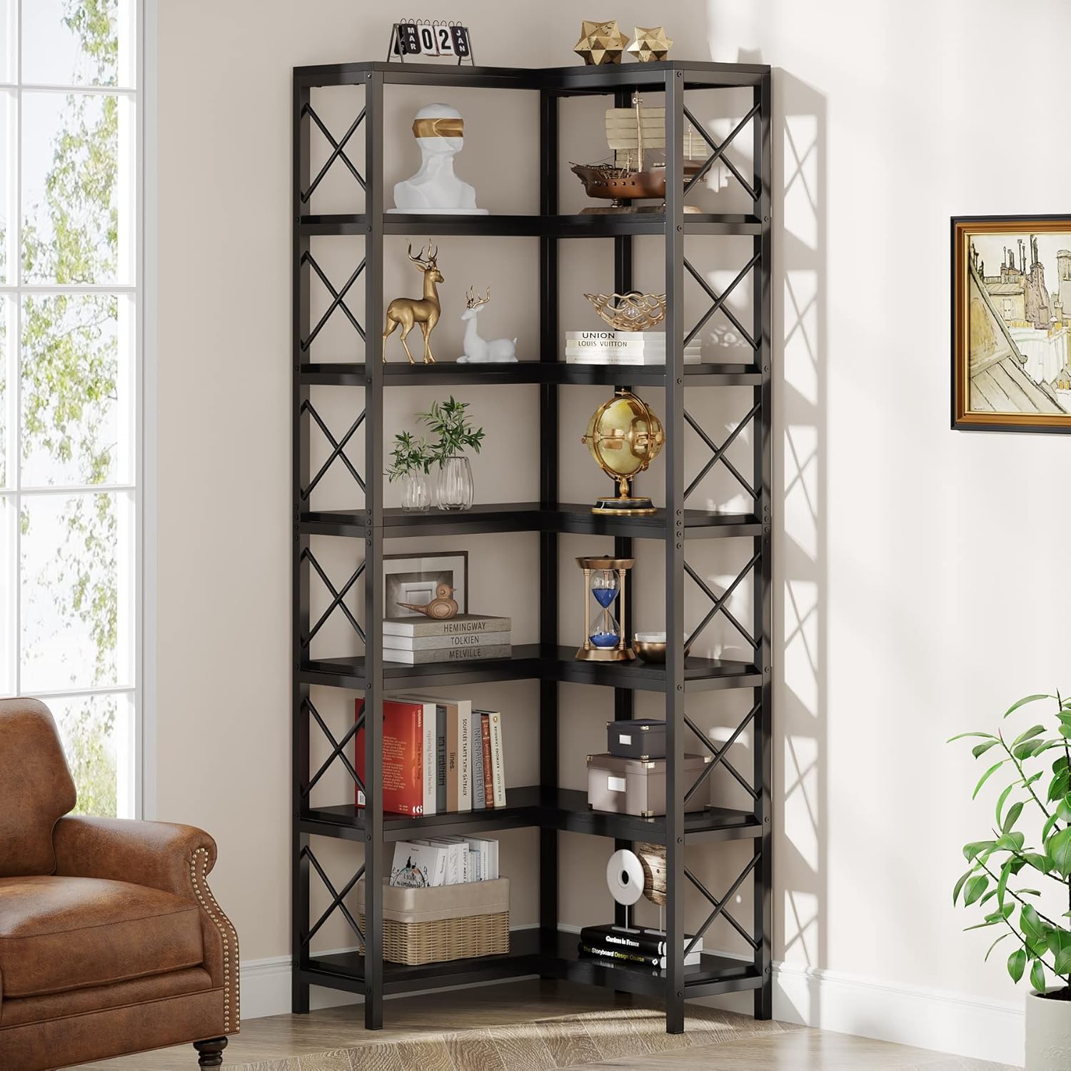 Tribesigns 7-Tier Corner Bookcase, Industrial Large Corner Bookshelf, 7-Shelf Tall Shelf Storage Display Rack with Metal Frame for Living Room Home Office, Black
