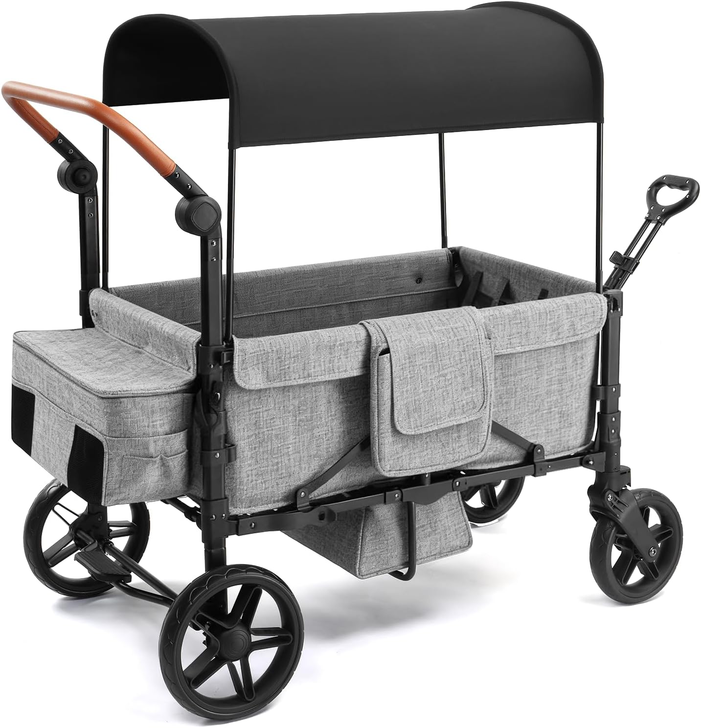 Stroller Wagon for 4 Kids, Foldable Wagon with Footwell, Lightweight, Adjustable Push and Pull Handles, 5-Point Harness, Adjustable Canopy for Outdoor Adventures (Gray)