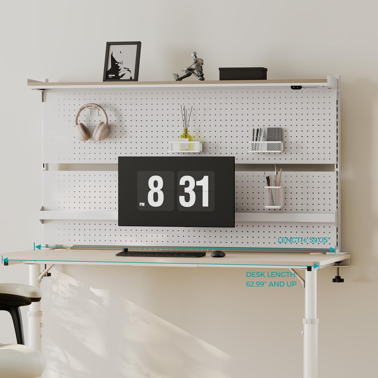 EUREKA ERGONOMIC Desk Pegboard with Dual Monitor Stands, LED Metal Pegboard for Gaming Desk, Privacy Panel with 4 Accessories Modular Hanging, Computer Accessories for Office, 59 x 34 Inch, White