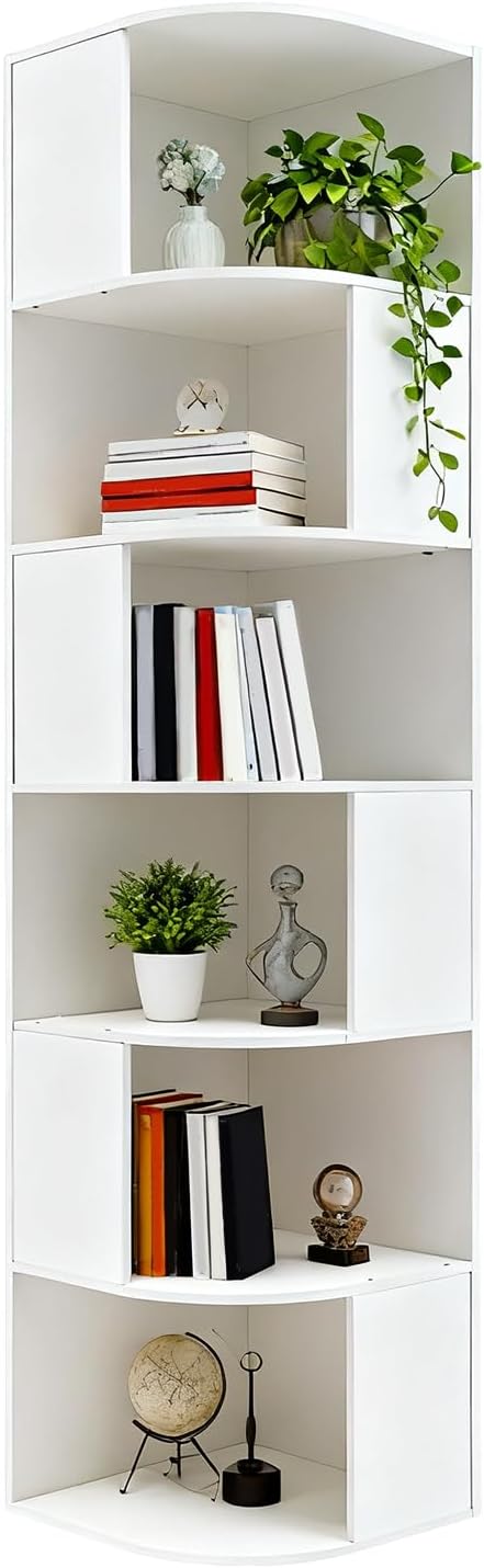 TFCFL 6-Tier Bookcase Display Cabinet, Floor-Standing Bookshelf, Corner Bookshelf, for Kids Rooms, Bedrooms, Living Rooms, Home Offices, and Compact Areas