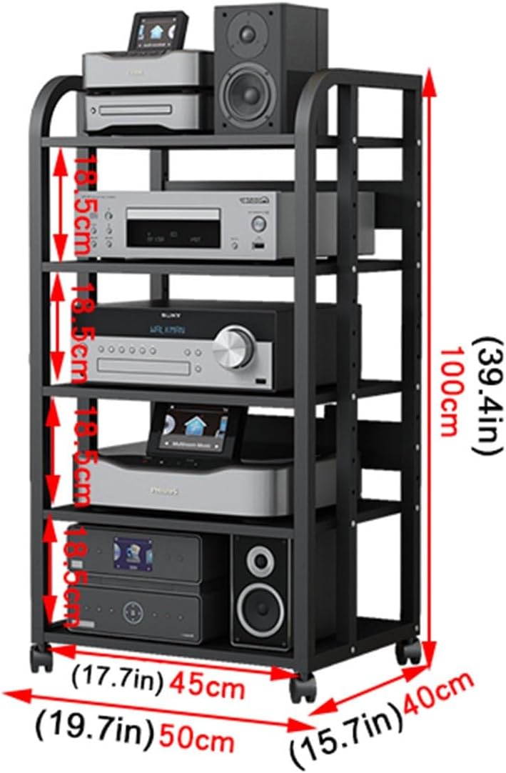 Multifunction 5 Tier Movable Storage Cart DVD CD Player Stand Amplifier Rack Audio Video Component Media Stand with 5 Wooden Board Shelves for Home/Office/Theater