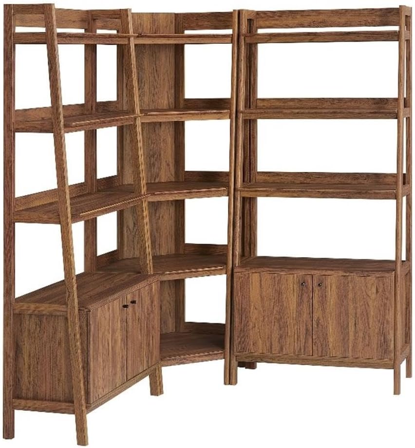 Modway Bixby 3-Piece Corner Bookshelf Set with Wide Bookshelves in Walnut – 12-Tier Wood Bookcases with Open Shelves and Base Cabinets for Living Room, Bedroom, Or Home Office