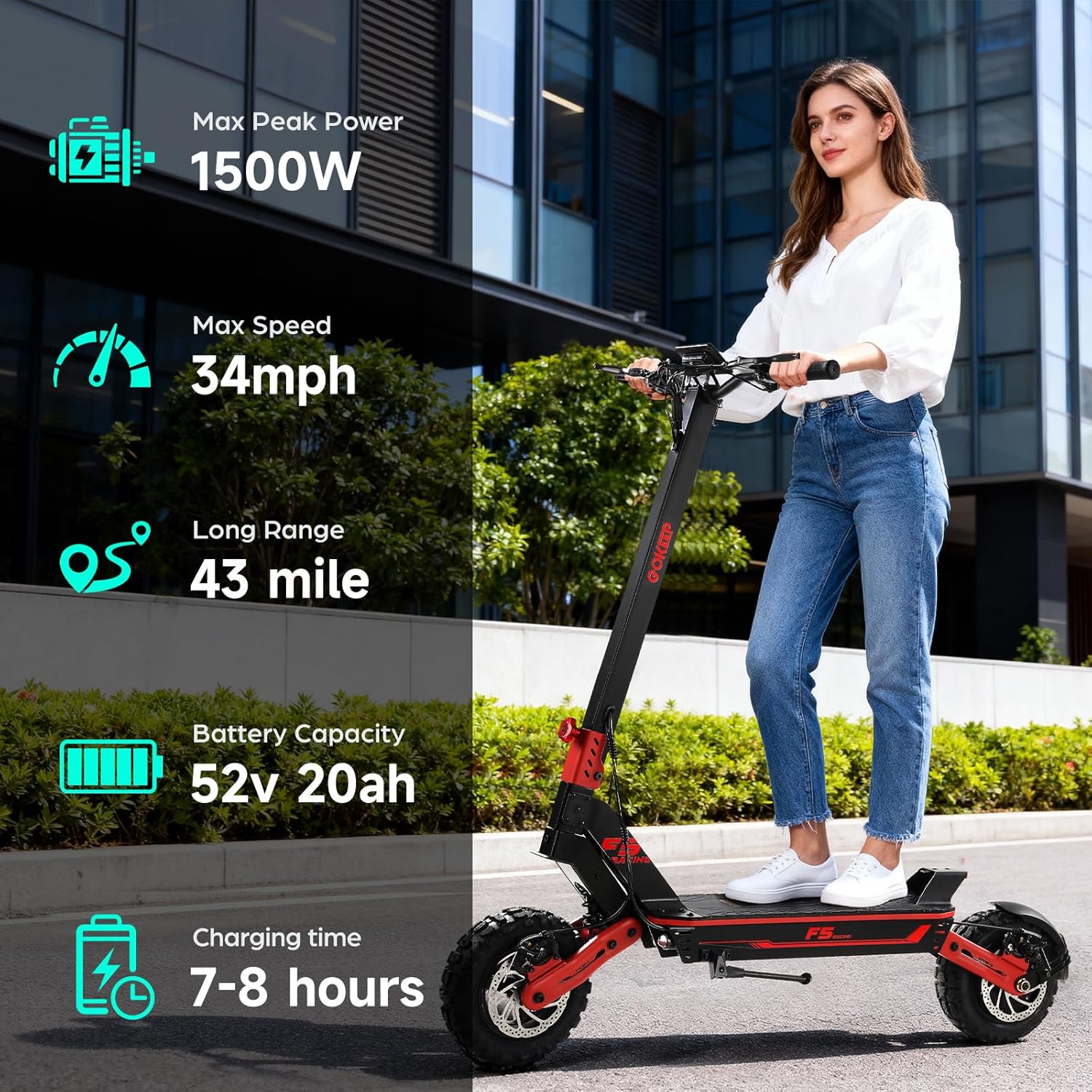 Electric Scooter, 1500W Peak Power Adults Electric Scooter, 34mph, 52V/20ah Battery Scooter with 43 Mile Long Range, 11” Anti-Slip Off-Road Electric Scooter