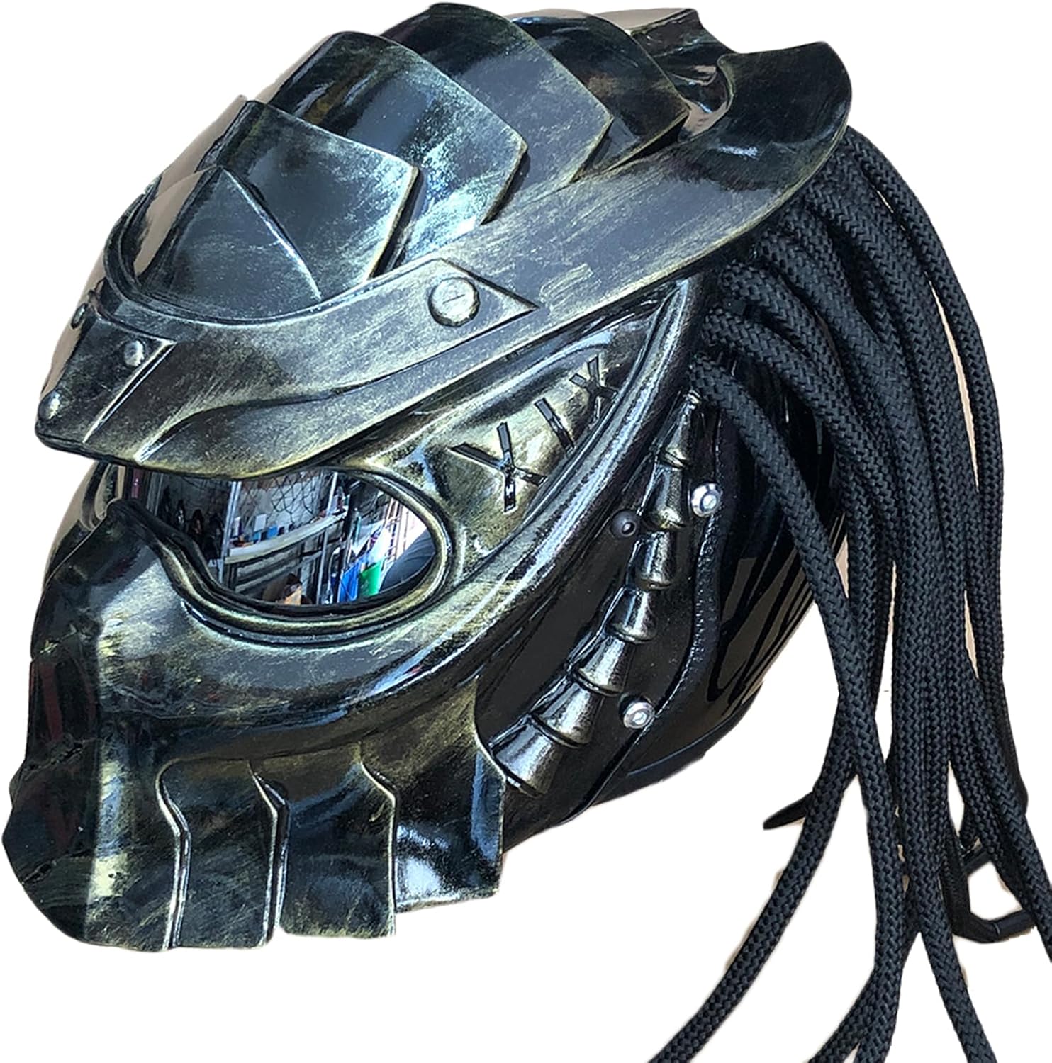 Predator Motorcycle Helmet Full Face Motorcycle Helmet with Hair Braid and LED Light for Outdoor Riding or Club Parties and Cosplay Prop DOT Certified,XXL