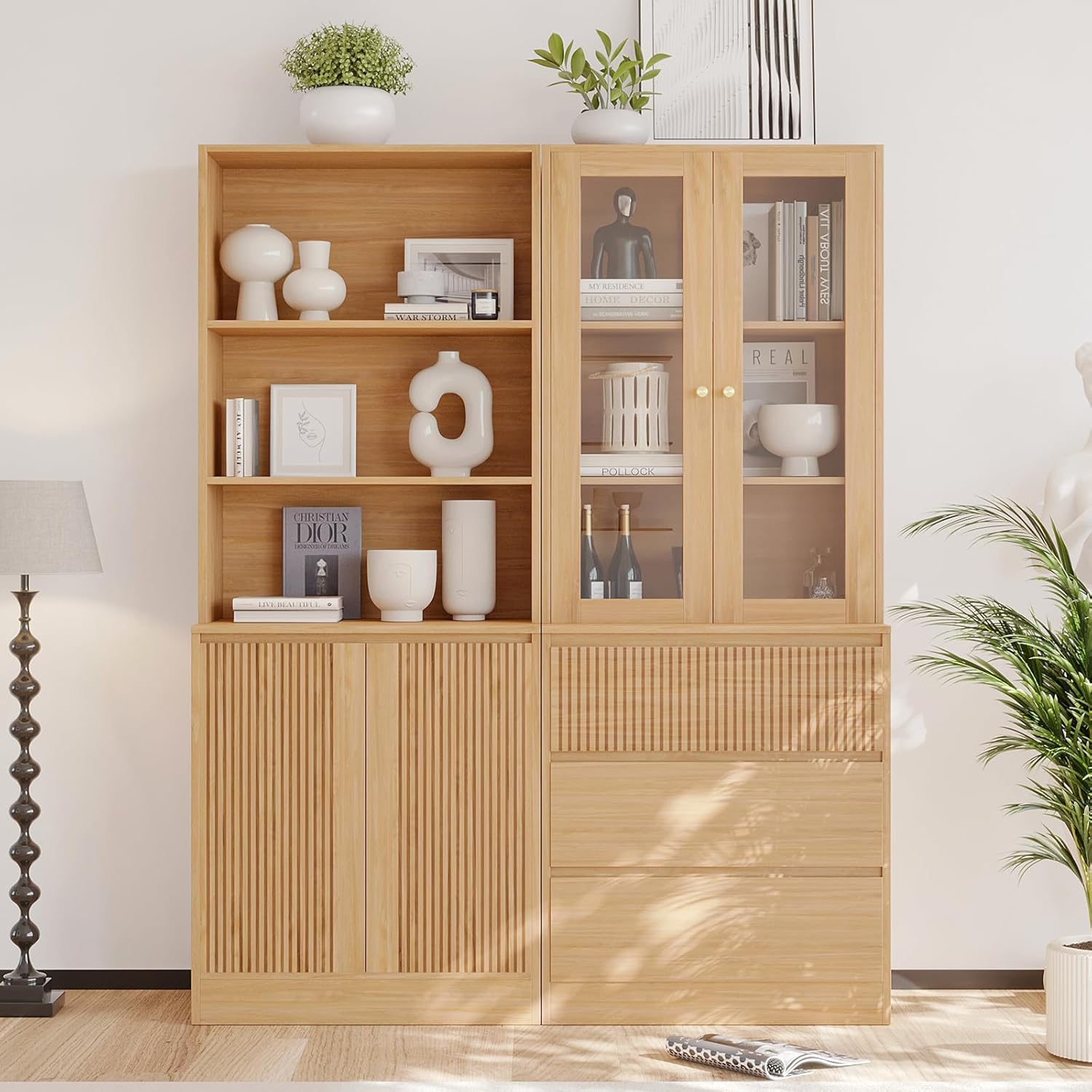 VOWNER Wood Bookcase, 71'' Freestanding Tall Storage Cabinet with 2 Tempered Glass Doors, Modern Kitchen Cupboard Large Floor Cabinet for Kitchen, Living Room, Home Office