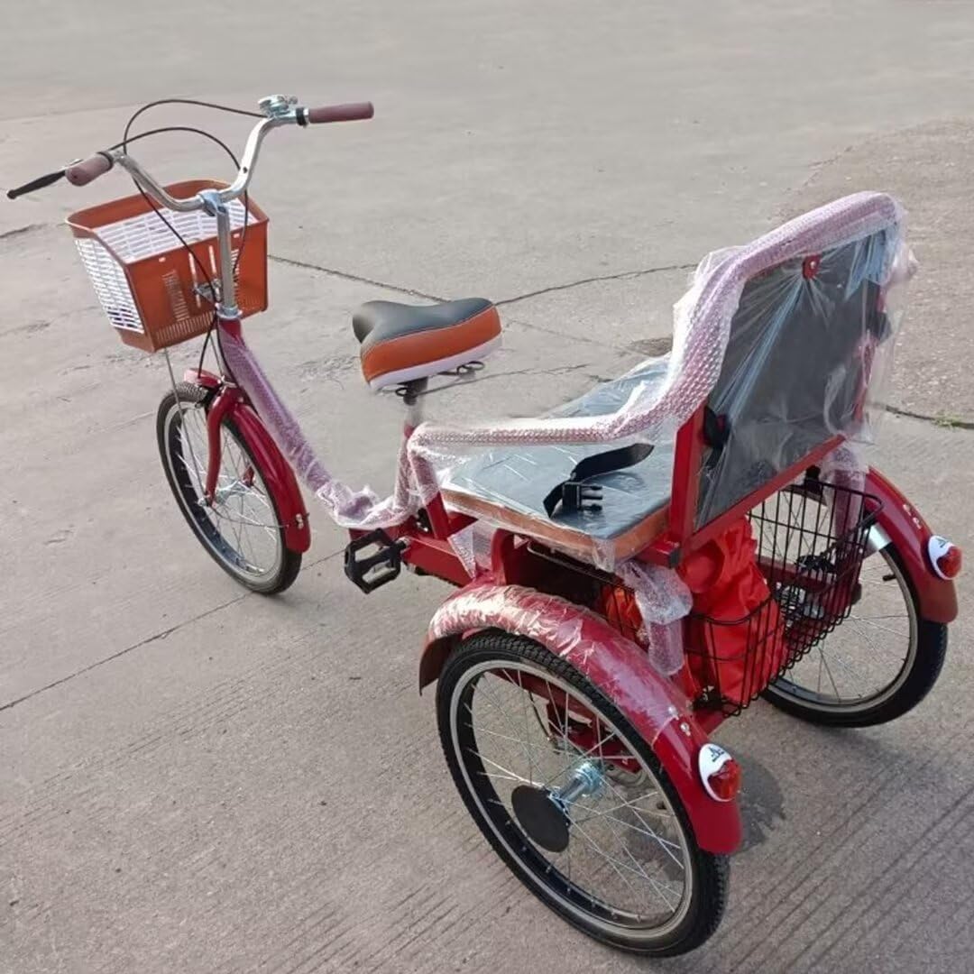 Folding Adult tricycles with Back seat,Elderly Rickshaw Pedals Tricycle,Trike with Shock Absorb Front Fork,3 Wheels Bicycles for Hanging Out and Traveling (Red)