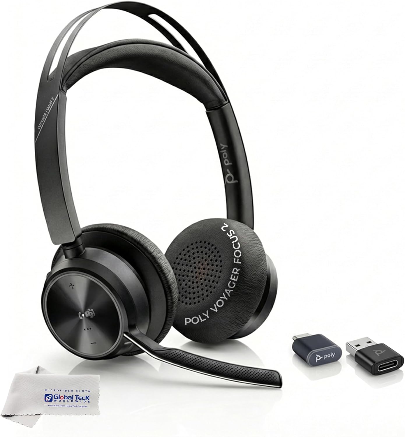 Poly Plantronics Voyager Focus 2 MS, Stereo Bluetooth Headset, USB-C for Teams, Connects to Laptop and Smartphone - Works with Zoom, RingCentral, 8x8, Vonage - w/USB C/A Adapter and GTW Cloth