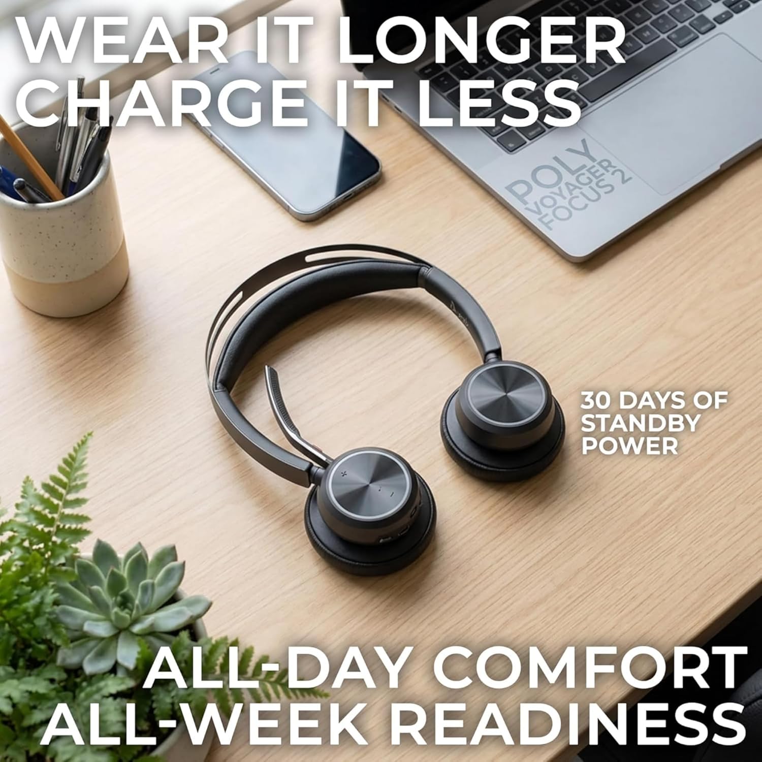 Plantronics Poly Voyager Focus 2 MS Wireless Headphones with Headset Stand, Compatible for Teams, Phones Calls, Zoom, Noise Cancelling Wireless Headset with Mic for Work, Over The Ear, GTW Microfiber