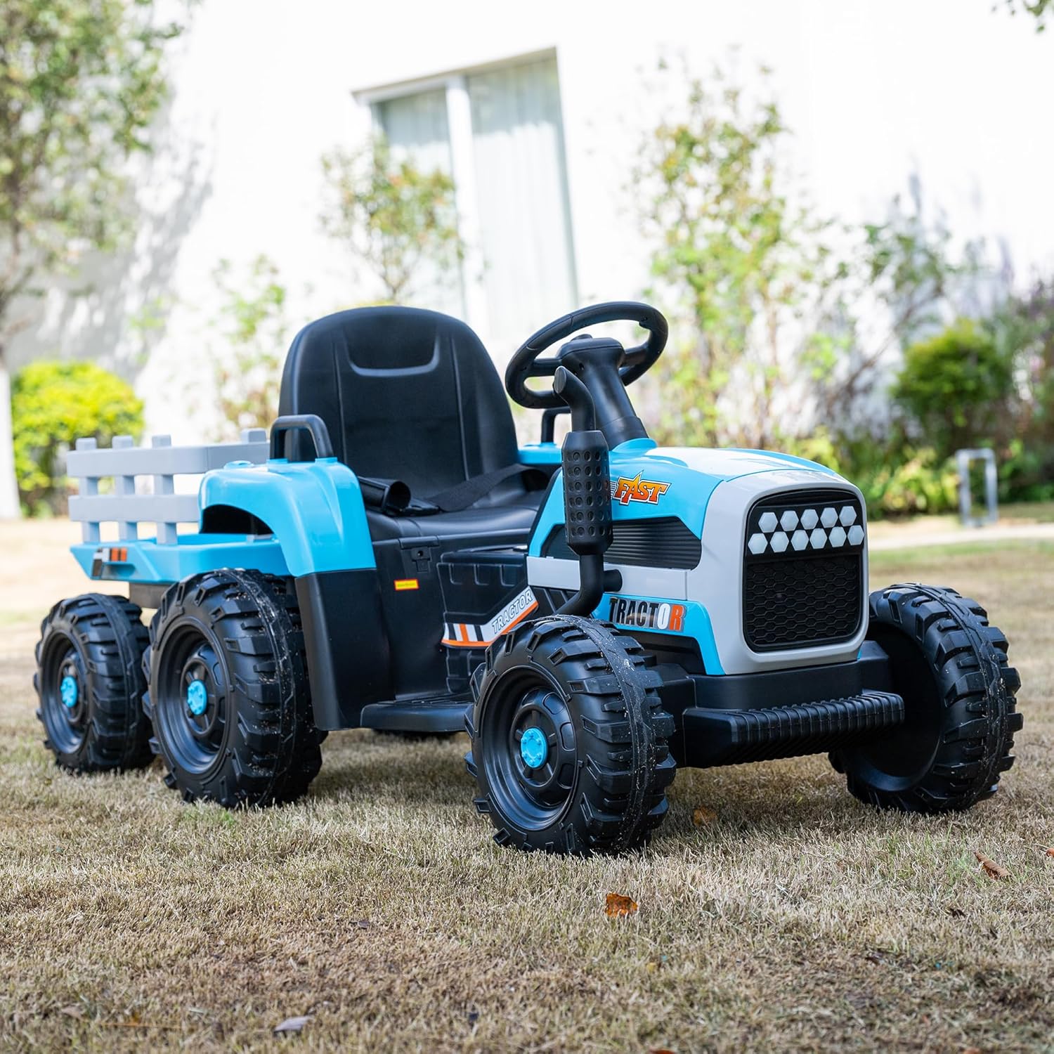 24V Electric Ride On Tractor for Boys, 6-Wheel Battery Powered Farm Truck with Trailer, 2x200W Motors, Remote Control, Bluetooth, LED Lights, Soft Start, Blue