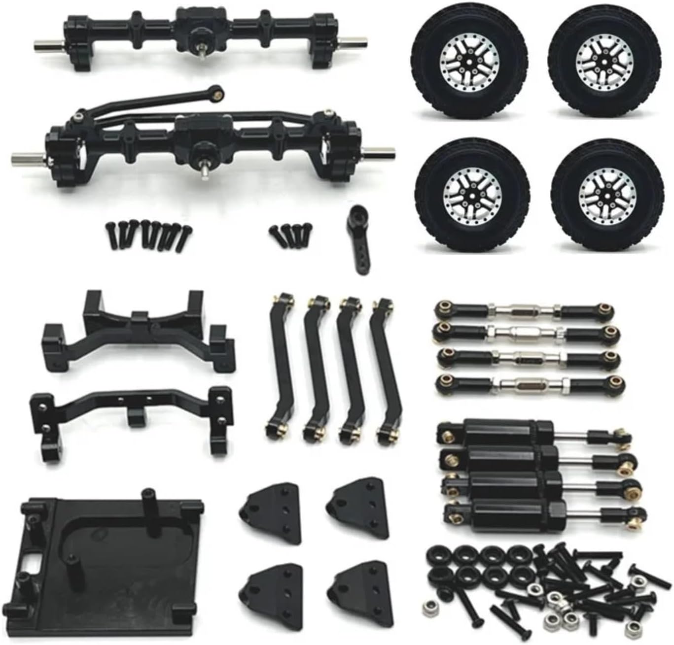 RC Upgrade Accessories for MN99S 2nd Generation 1/12 RC Car Metal Front and Rear Portal Axle for Chassis Link Rod Pull Rod Mount Shock Absorber Tire Set(Black)