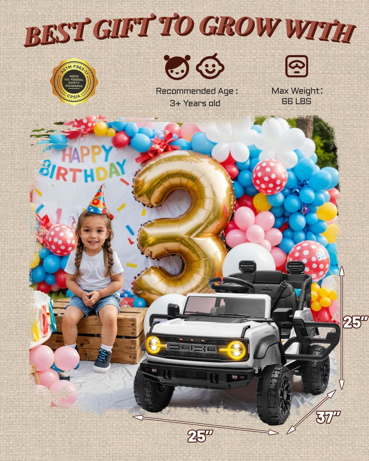 First Ride On Ford Bronco Raptor 12V Toddler Ride on Toys, Safe Kids Ride on Truck with Remote Control, Children Electric Cars with 4 Wheels Suspension, Radio, Music, Bluetooth (12V, White)