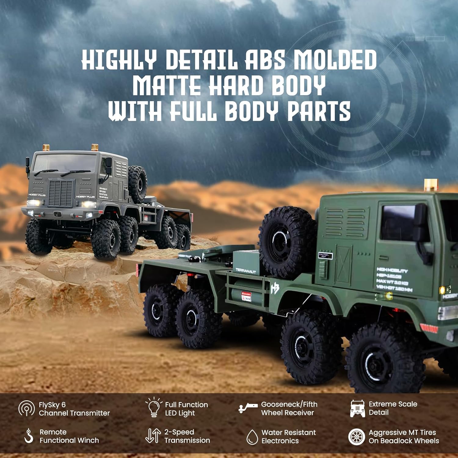 HOBBYPLUS Helidirect 1/18 RC Crawler CR18P Terranaut 8x8 RC Truck Remote Control Car w Full-Lock 8WD RTR Active All-Wheel Steering, 2-Speed Transmission, Recovery Winch, LED Lights (Green)