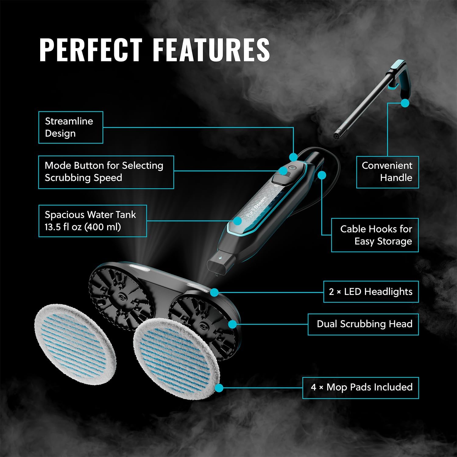 Pursteam ScrubMaster Steam Mop with Dual Scrubbing Head, LED Headlights, Adjustable Steam Control, Anti-Slip Swivel Head, Cable Holder & Upright Lock
