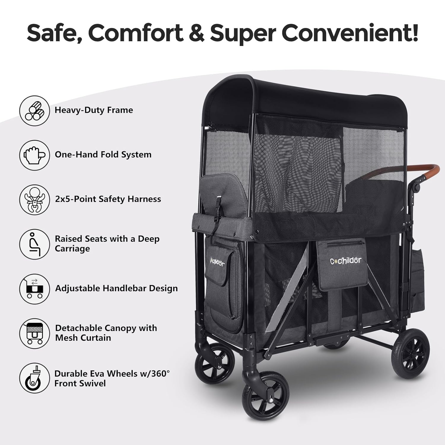 Elite 2 Seater Wagon Stroller for Kids, Foldable Stroller Wagon with Removable Seats & Canopy, 5-Point Safety Harness, Adjustable Handle, Dark Gray