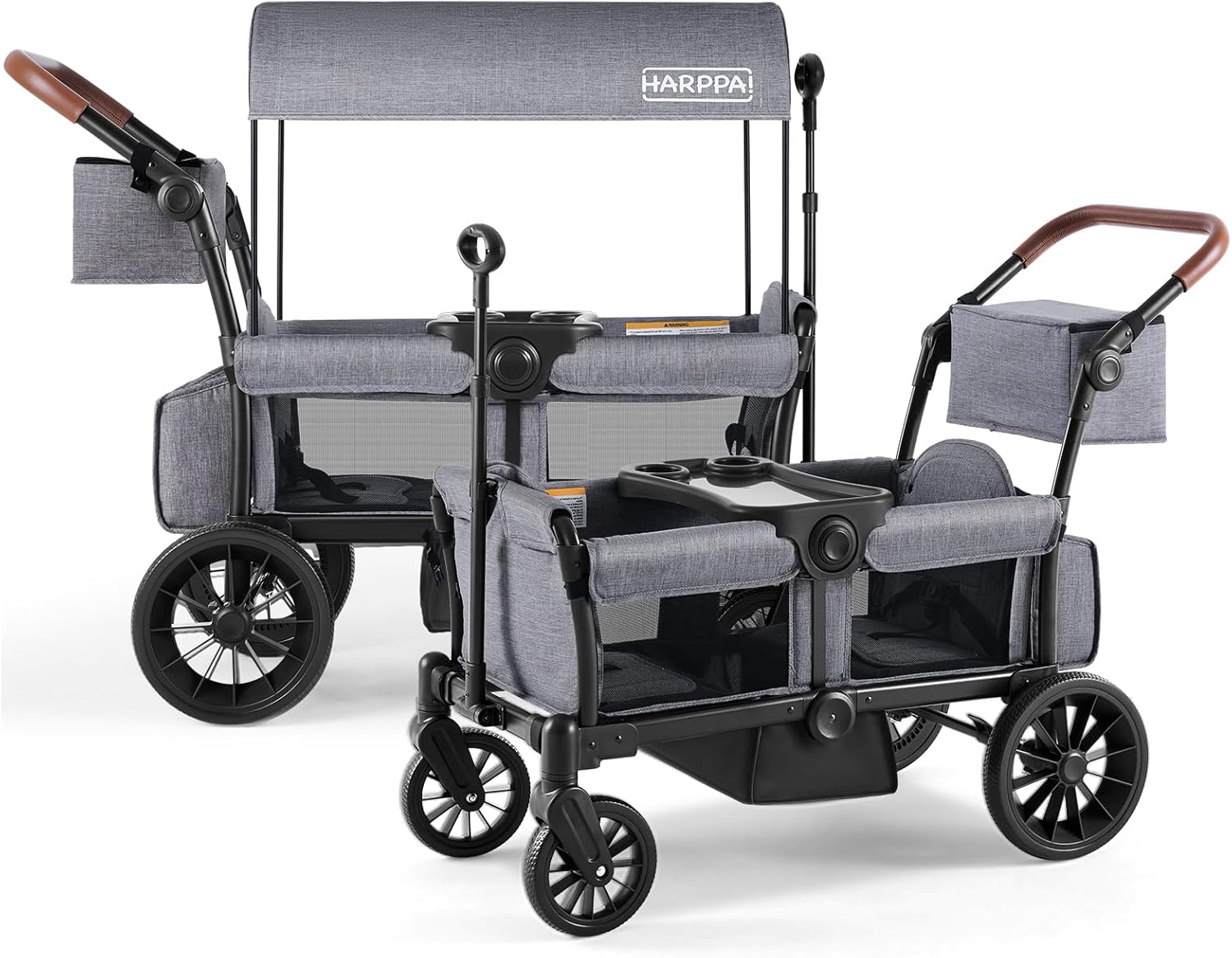 HARPPA All-Terrain Wagon Stroller for 2 Kids, Foldable Outdoor & Beach Stroller Wagon with Removable Canopy, Adjustable Push & Pull Handle, Footwell & Large Storage, Grey