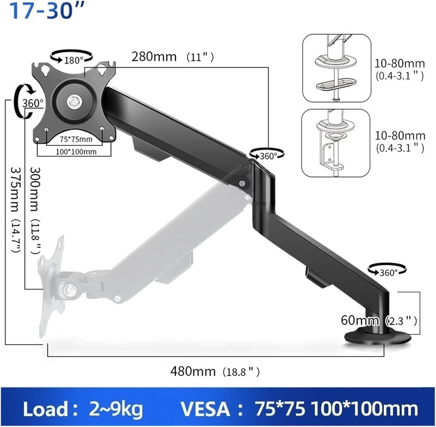 17-34 inch desktop gas spring monitor arm bracket articulated full-motion support rod TV bracket computer bracket(M5 Black)