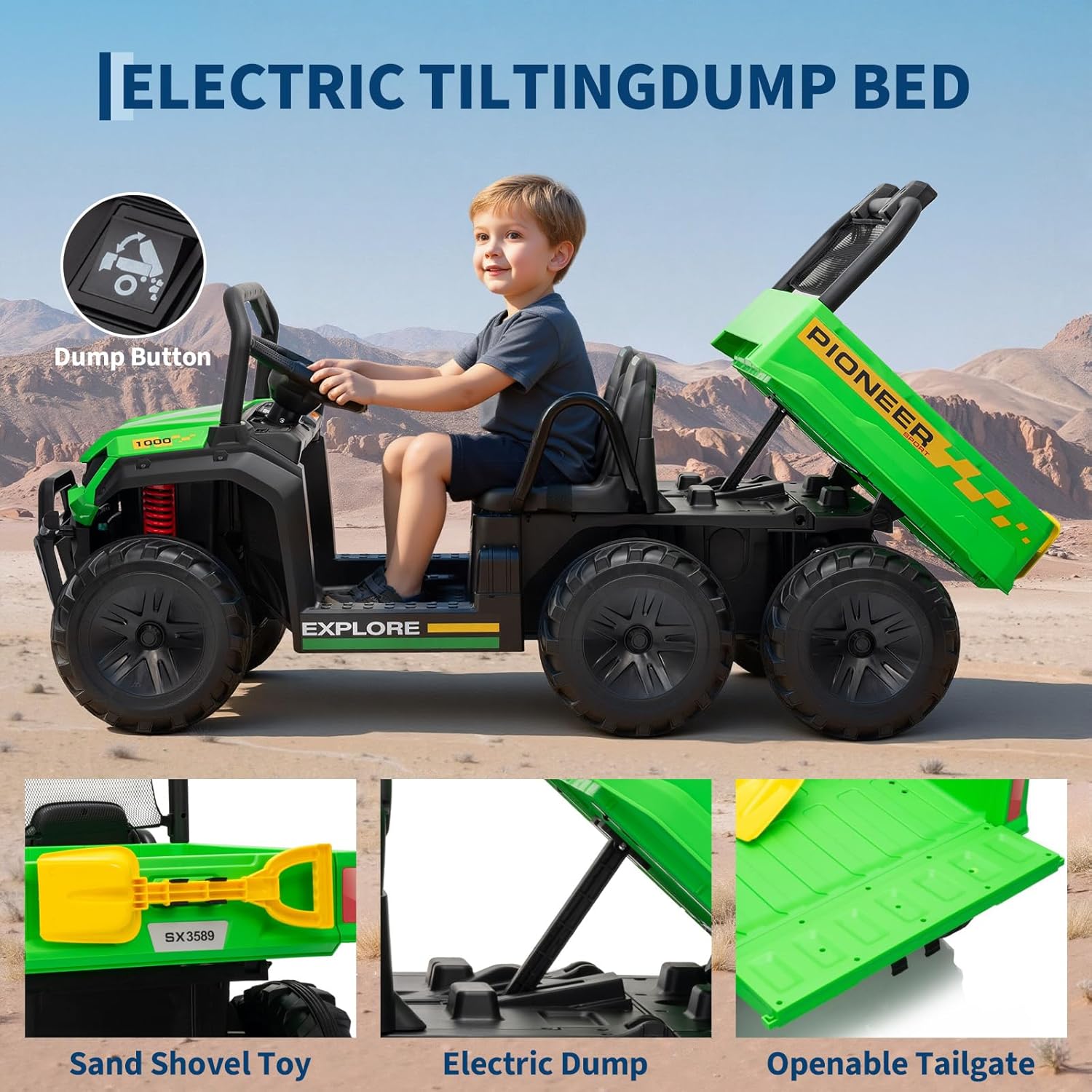 24V 4WD Electric Dump Truck for Kids, 2 Seater Remote Control Ride On Car with Dump Bed, All Terrain Vehicle Toy for Boys & Girls 3-8 Years Old, Green