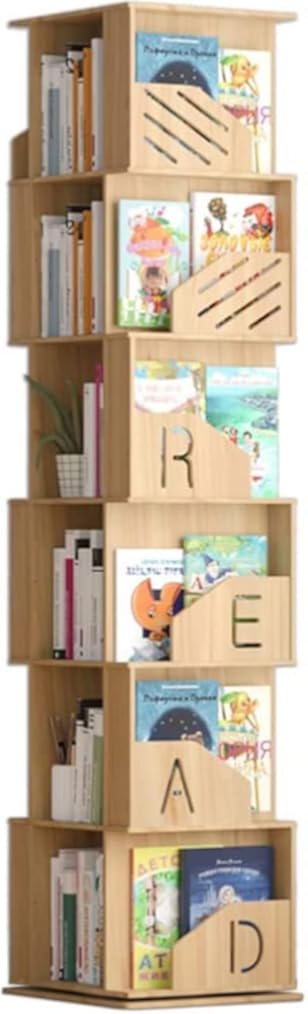 SYALEO Rotating Wooden Bookshelf 360° Storage Display Rack Corner Bookcase 4 Tier/5 Tier/6 Tier Floor Standing Open Shelves for Living Room