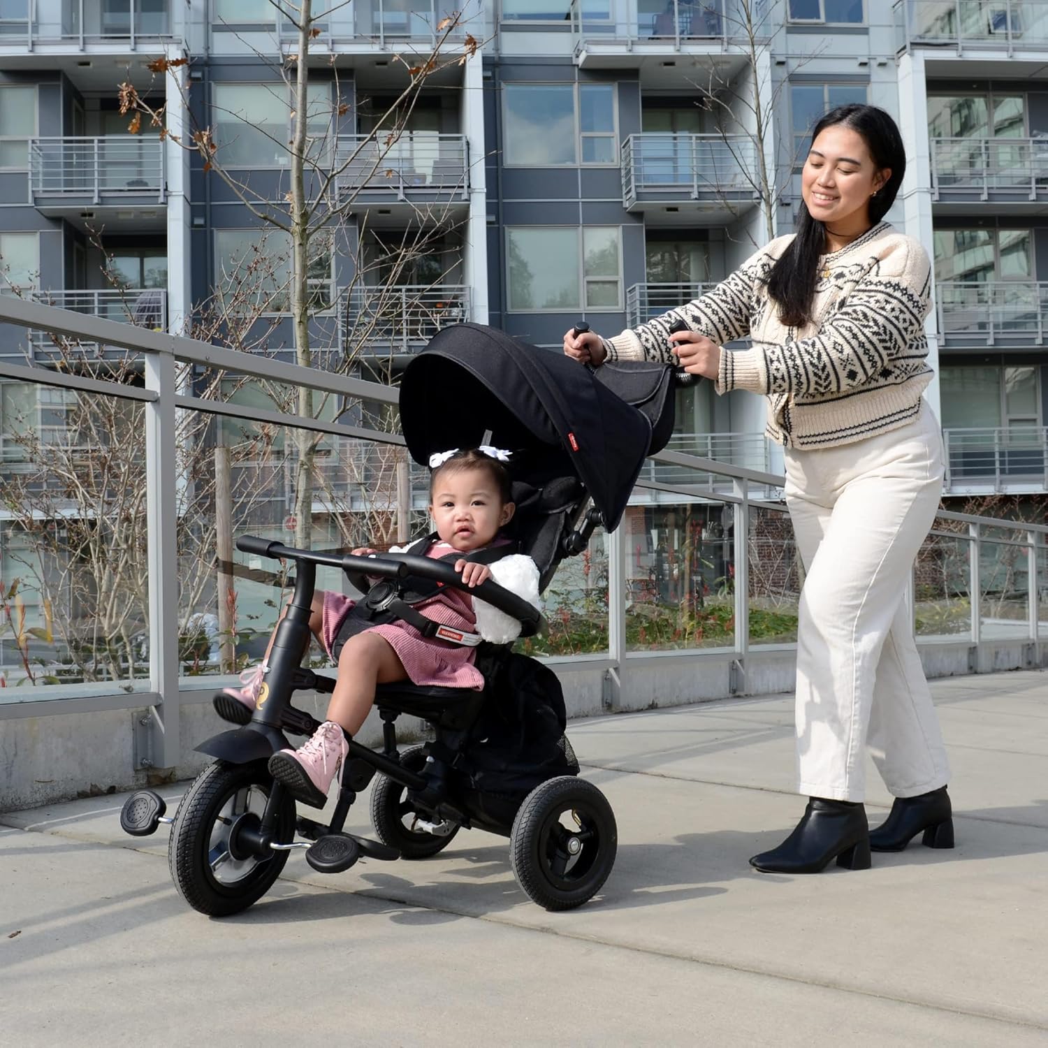 QPlay Rito - Premium Luxury Foldable Trike for Toddlers Featuring Leather touchpoints, Toddler Tricycle Stroller, Push & Fold Tricycle for Ages 12 Months to 5 Years, Midnight Edition