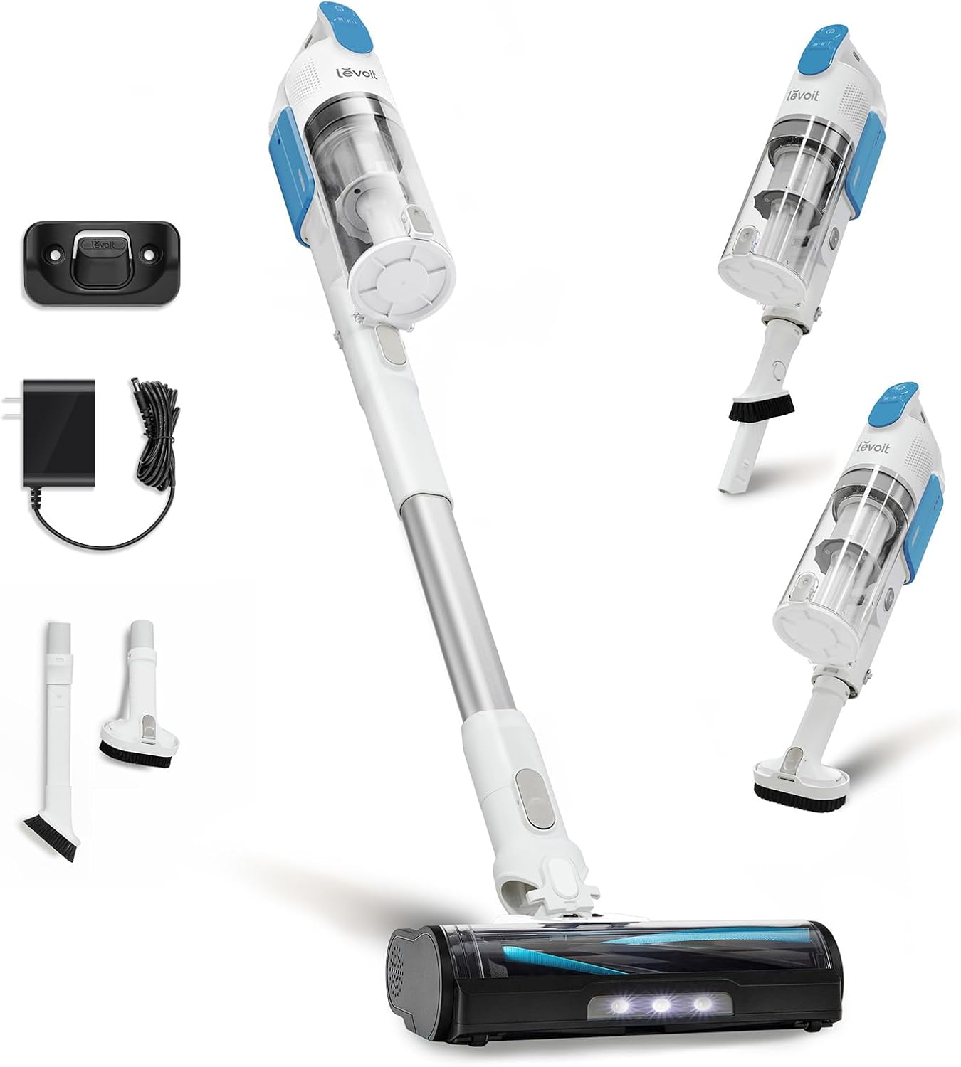 LEVOIT Cordless Stick Vacuum, Anti-Tangle, LED Headlights, Removable Battery, Self-Standing, Strong Suction, for Pet Hair, Hard Floor, Carpet, LVAC-200 White&Blue