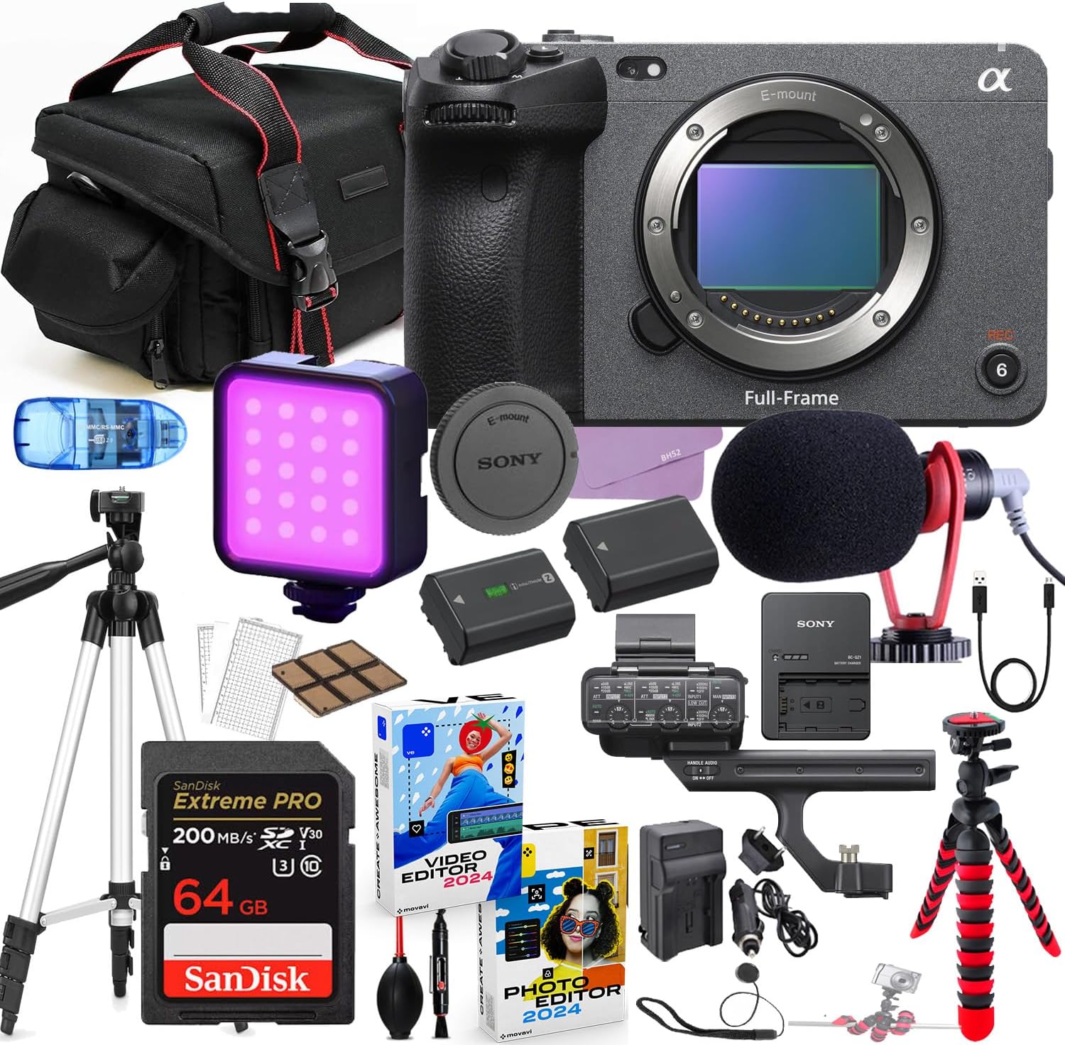 Sony FX3 Full-Frame Cinema Camera Body Only Bundle + Premium Accessory Package Including 64GB Extreme Memory, Case, Microphone, LED Light, Photo-Video Software & More (27 Pieces)