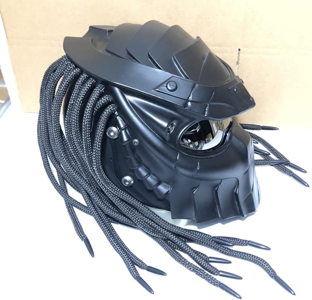 Motorcycle Helmet, Predator Full Face Motorcycle Helmet Mask with Hair Braid and LED Light for Outdoor Riding Or Club Parties, and Cosplay Prop, DOT Certified,E,L