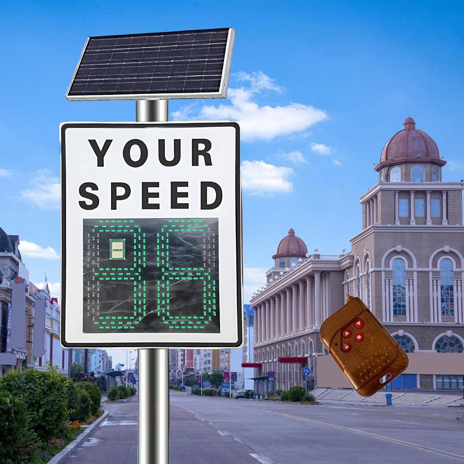 Road Warning Solar Radar Speed Limit Sign 23.6x35.4 Inch Two Digits Large Display Panel Remote Control for School and Highway Use