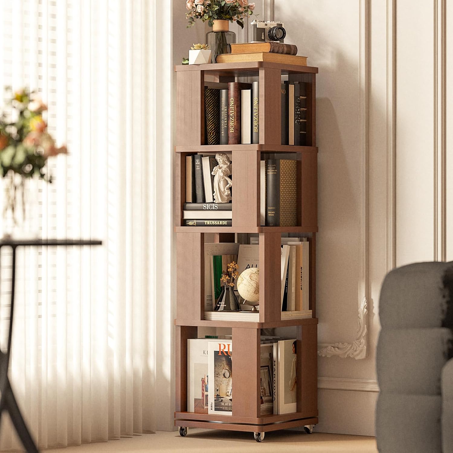 4 Tier Solid Wood Rotating Bookshelf Tower on Wheels, 360° Upgrade Spinning Book Shelf, Revolving Bookcase Organizer, Swivel Bookshelves for Small Spaces, Corner, Bedroom, Kids Room, Office (Walnut)