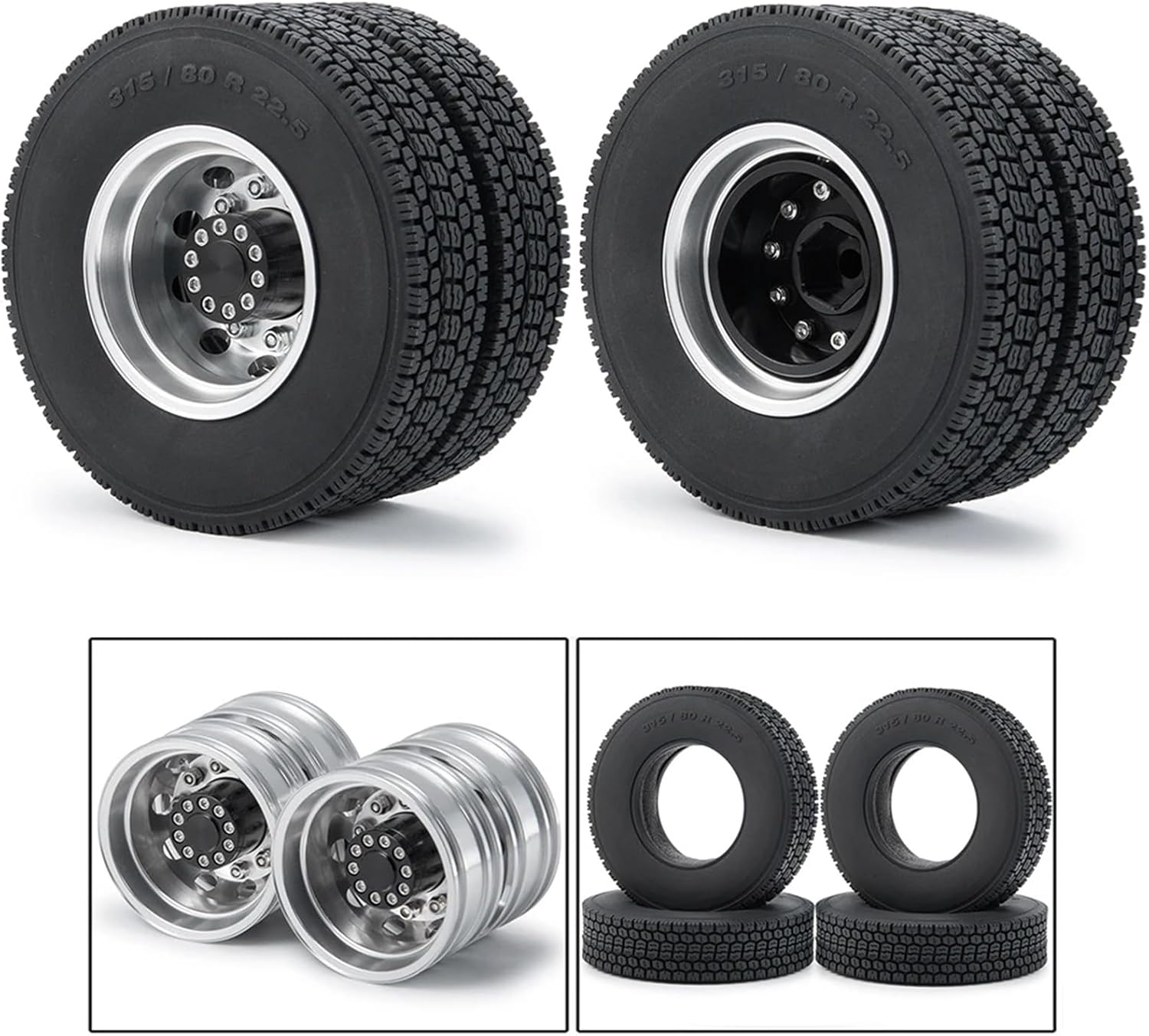 For Tamiya 1/14 6PCS Wheel Tires Complete Set Metal Front Rear Hub Rubber Tyre RC Tractor Truck Car Parts Models