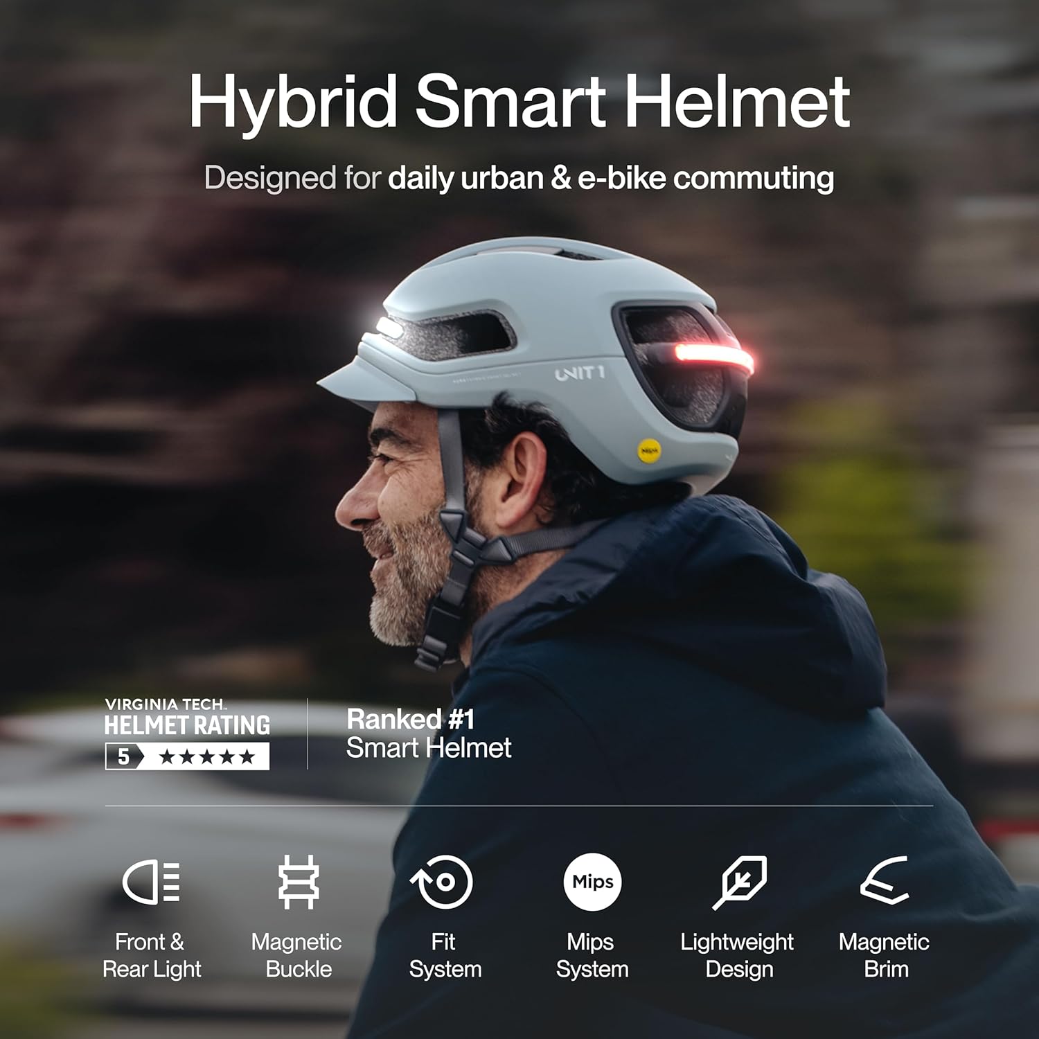 UNIT 1 Aura Hybrid Smart Bike Helmet | Urban & Road | MIPS | LED Front & Rear | Turn & Brake Light Compatible w/Remote | Crash Alert | E-Bike Fully Certified | Lightweight & Ventilated | App