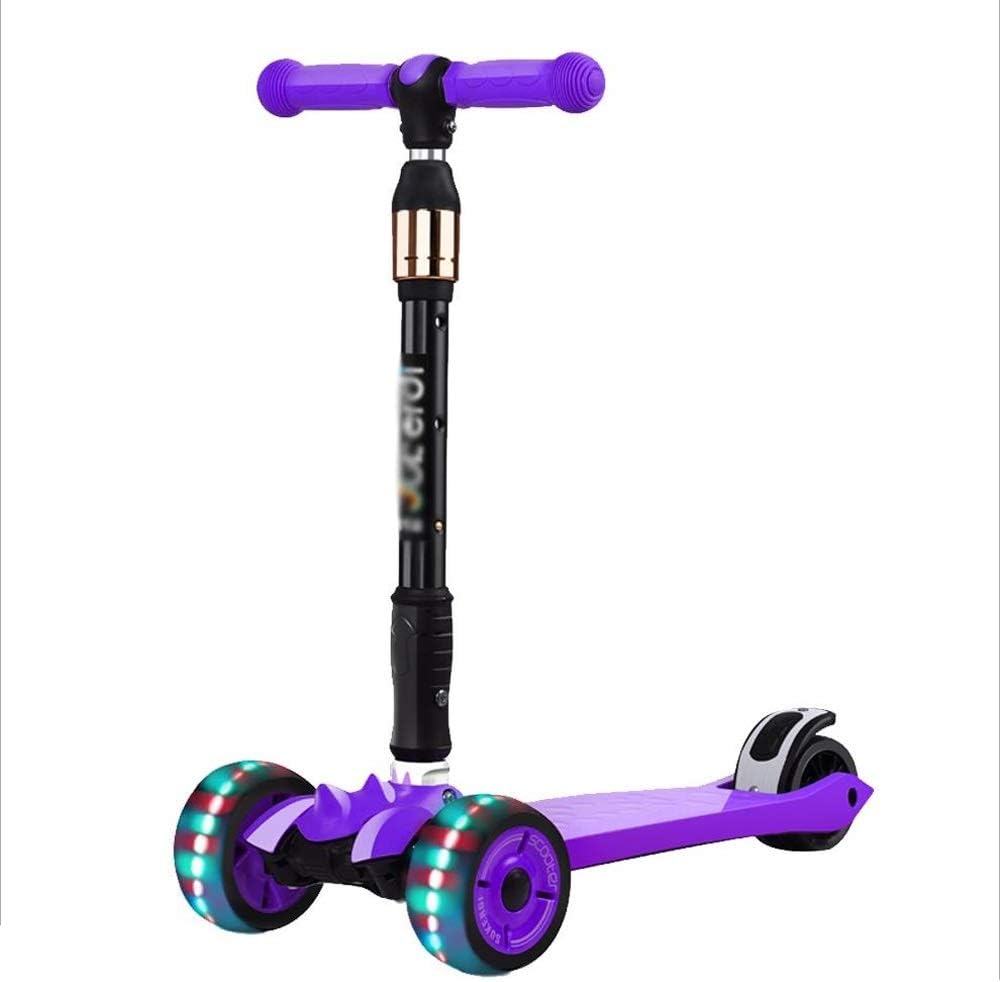 Children's Folding Skateboard 3-12 Years Old Flash 3 Wheel Yo Car Male and Female Children Scooter Baby Slide (Color : Purple)