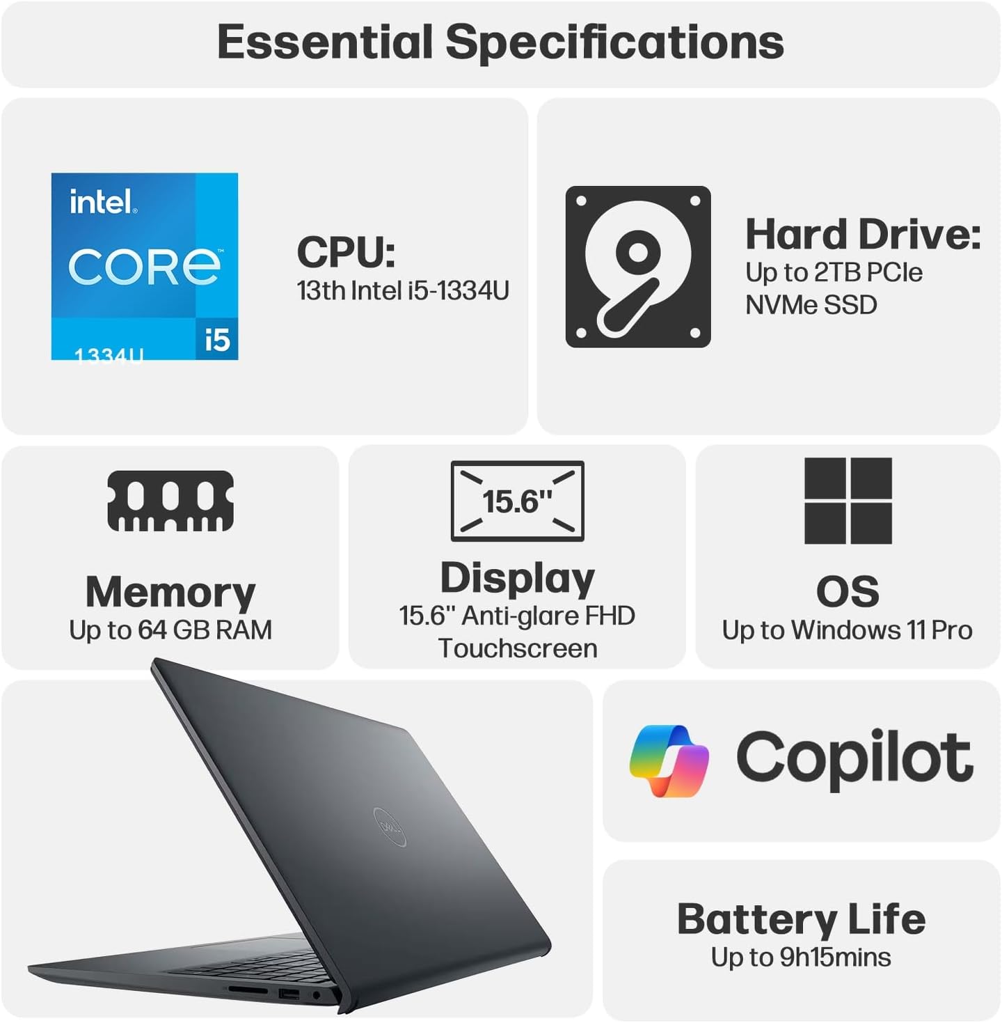 Dell Inspiron 15 Laptop Computer, 15.6’’ FHD Anti-Glare Laptop Touchscreen, Lifetime Microsoft Office Windows 11 Pro+Copilot AI, 13th Intel Core i5-1334U, 64GB RAM 2TB SSD, with Mytrix Accessory